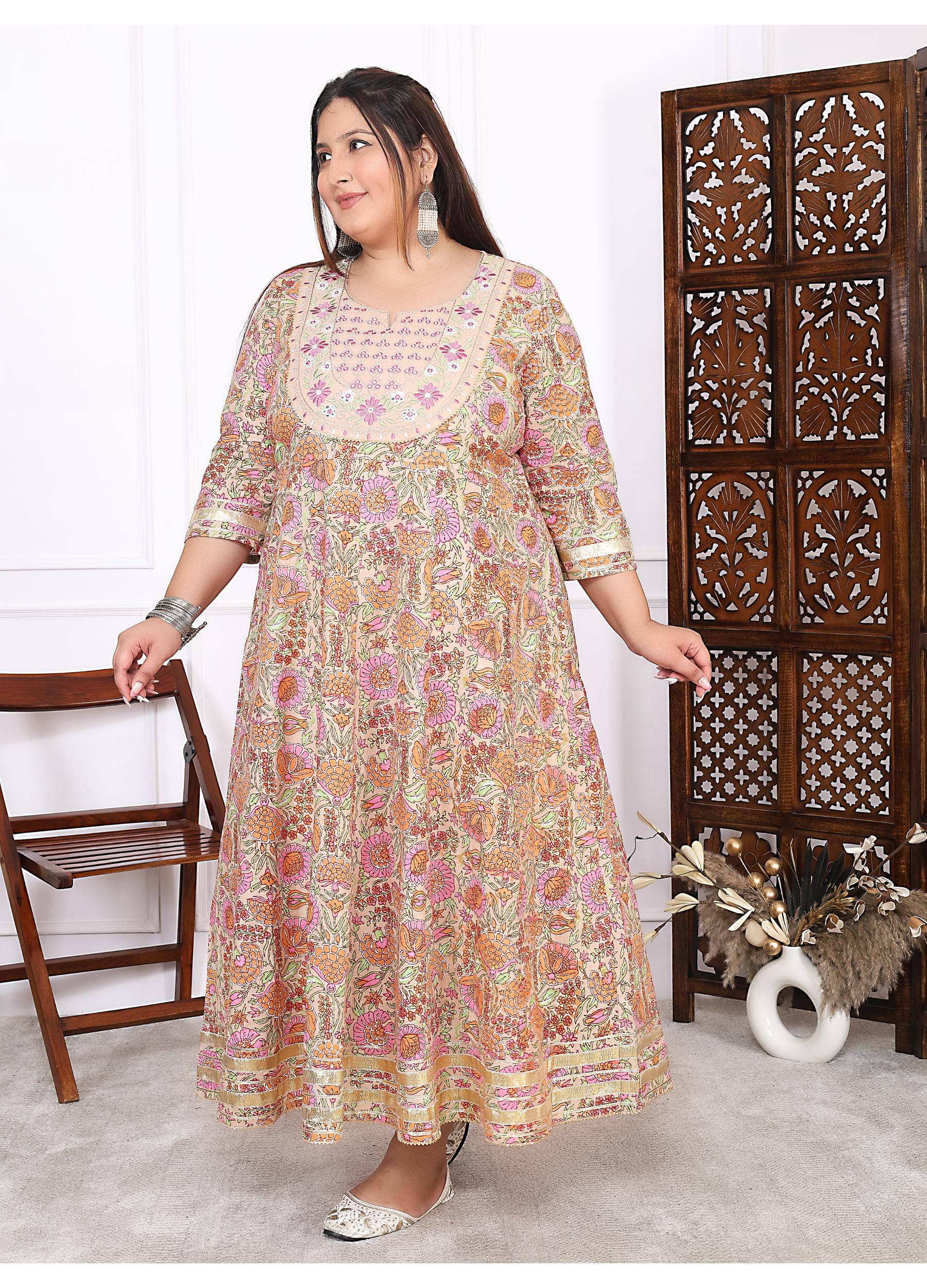 Plus Size Peach Cotton Floral Print Embroidered Long Kurta (B22-Peach)