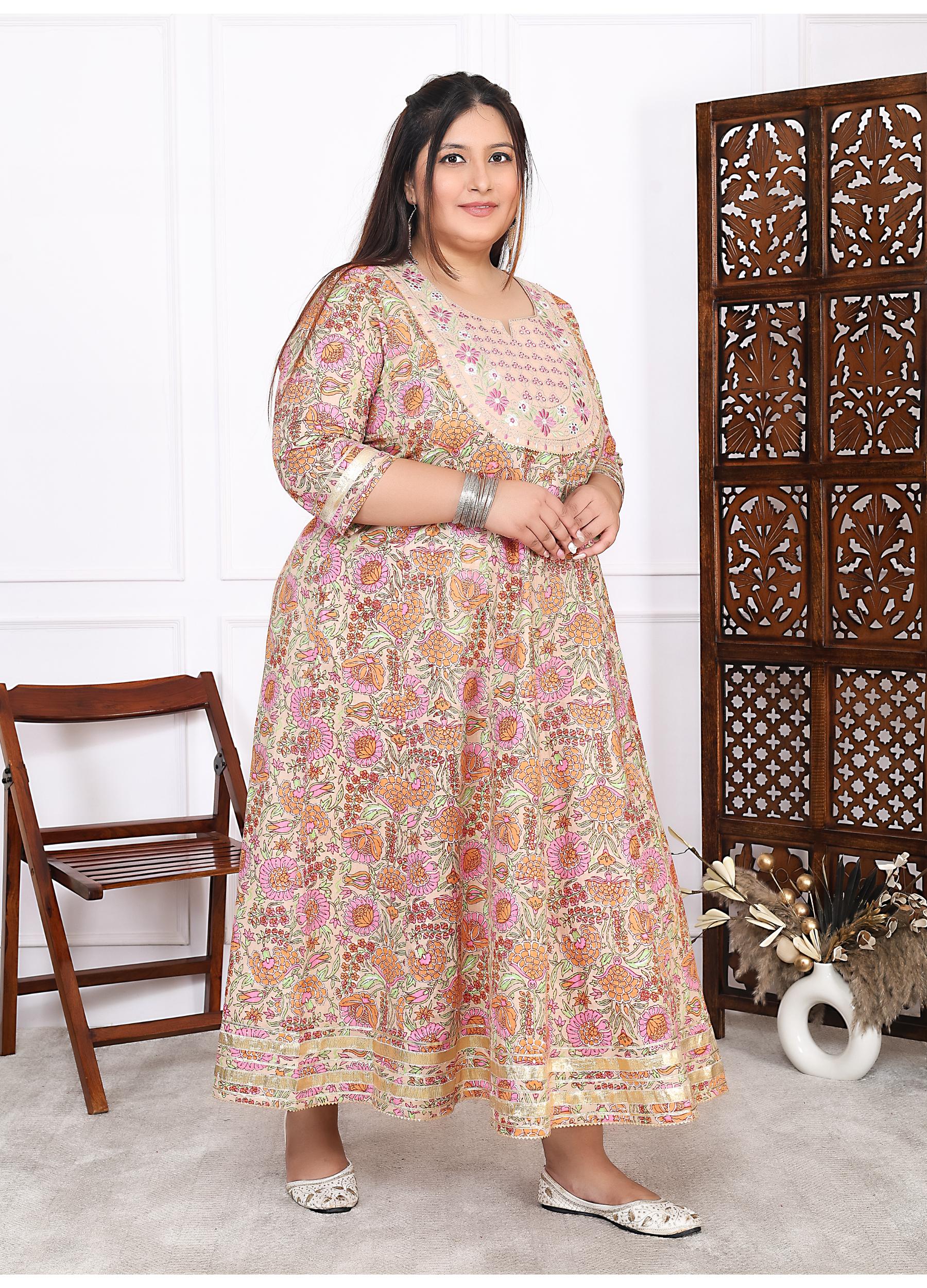 Plus Size Peach Cotton Floral Print Embroidered Long Kurta (B22-Peach)