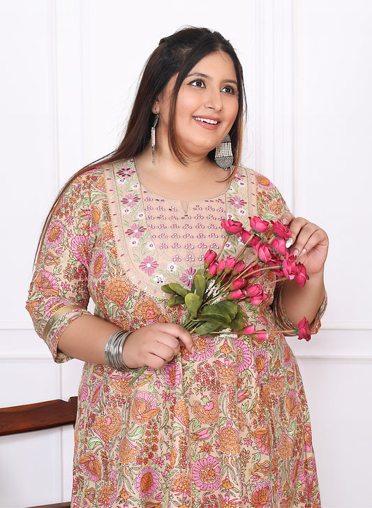 Plus Size Peach Cotton Floral Print Embroidered Long Kurta (B22-Peach)