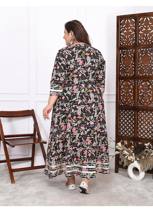 Plus Size Black Cotton Floral Print Embroidered Gown (B23-Black)