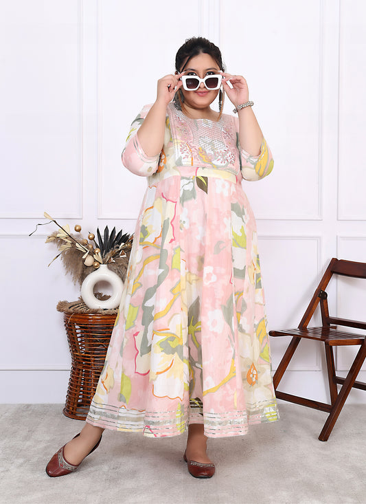 Plus Size Pink Cotton Floral Print Embroidered Long Dress (B24-Pink)