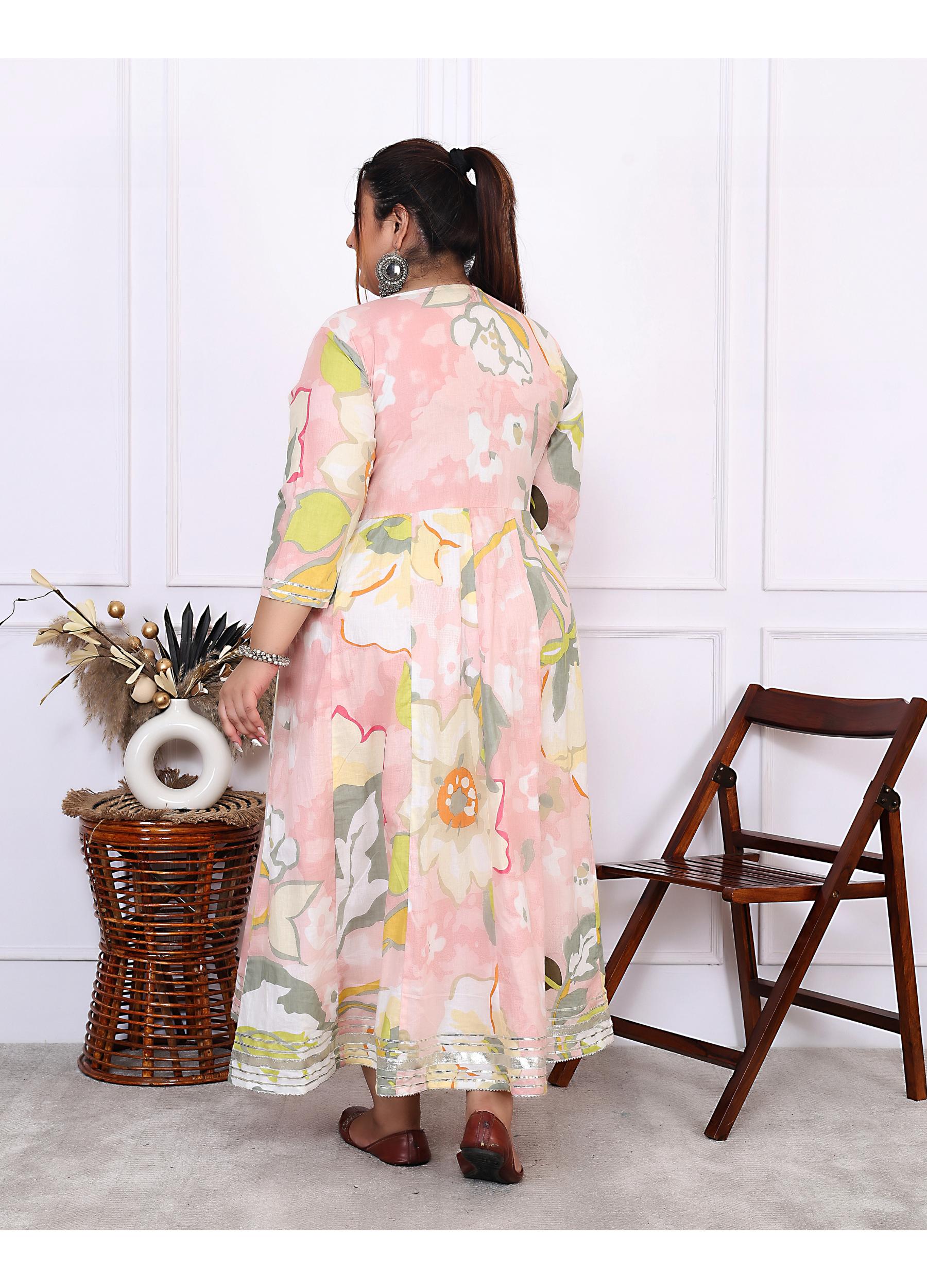 Plus Size Pink Cotton Floral Print Embroidered Long Dress (B24-Pink)