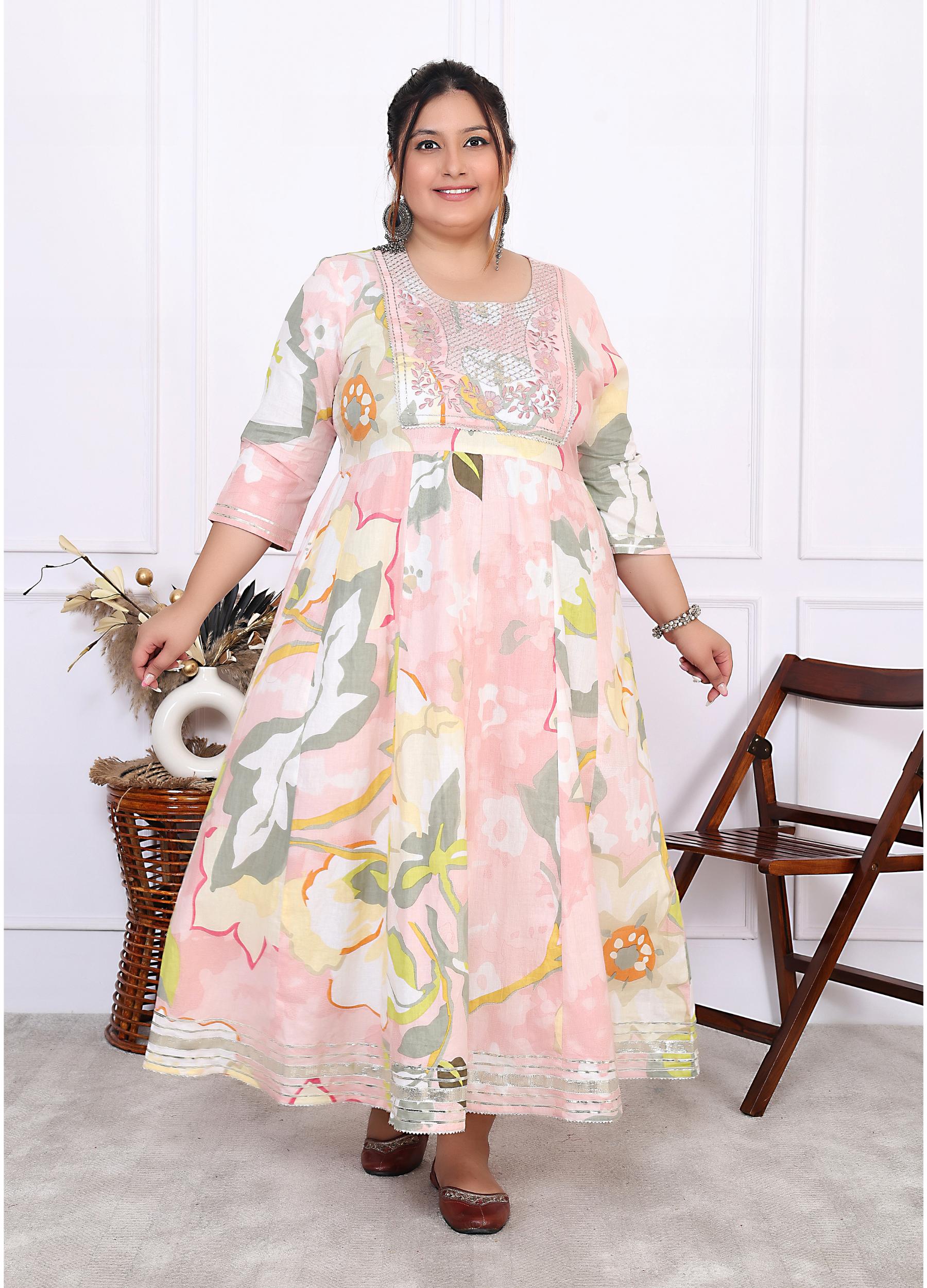 Plus Size Pink Cotton Floral Print Embroidered Long Dress (B24-Pink)