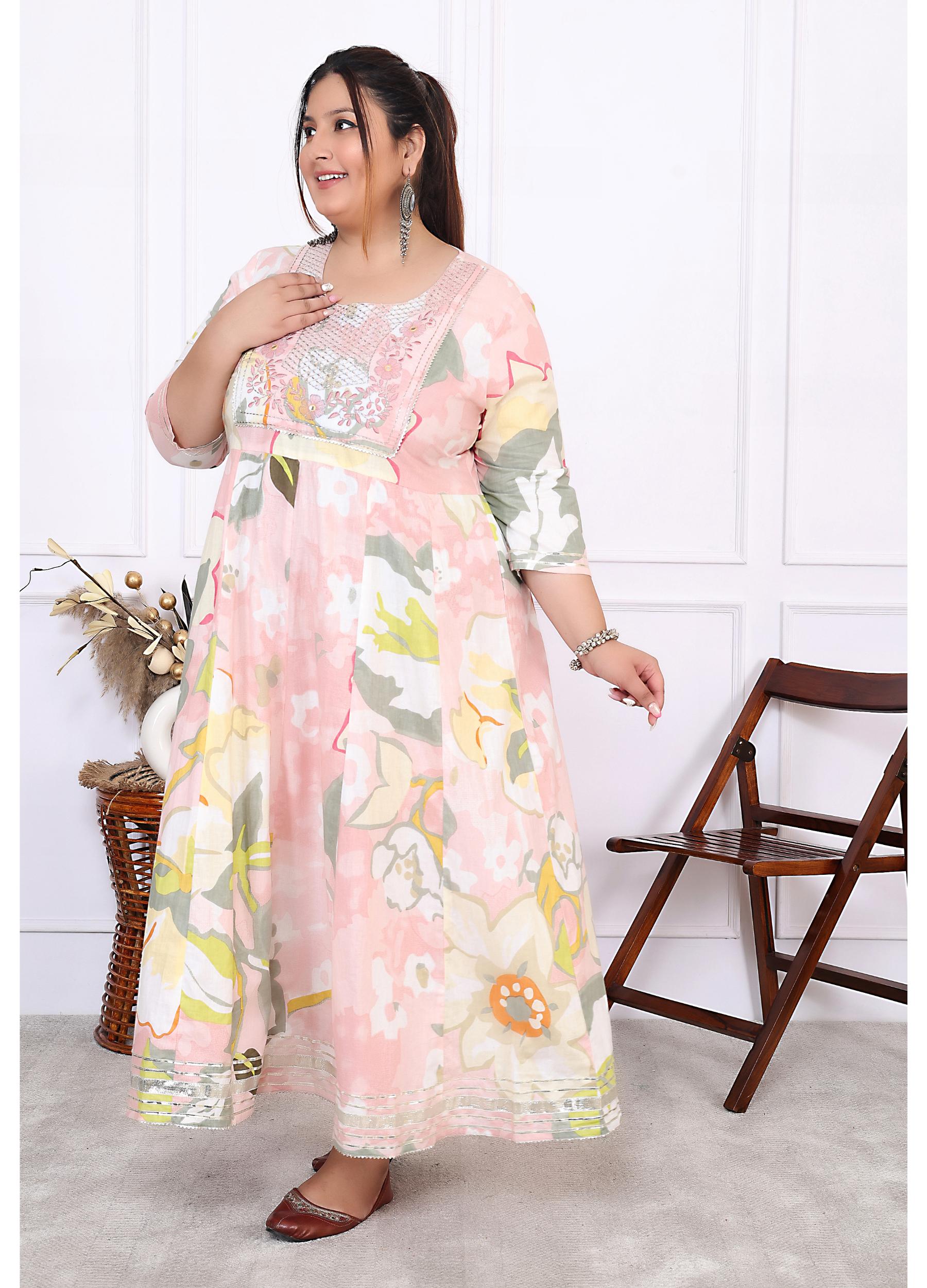 Plus Size Pink Cotton Floral Print Embroidered Long Dress (B24-Pink)