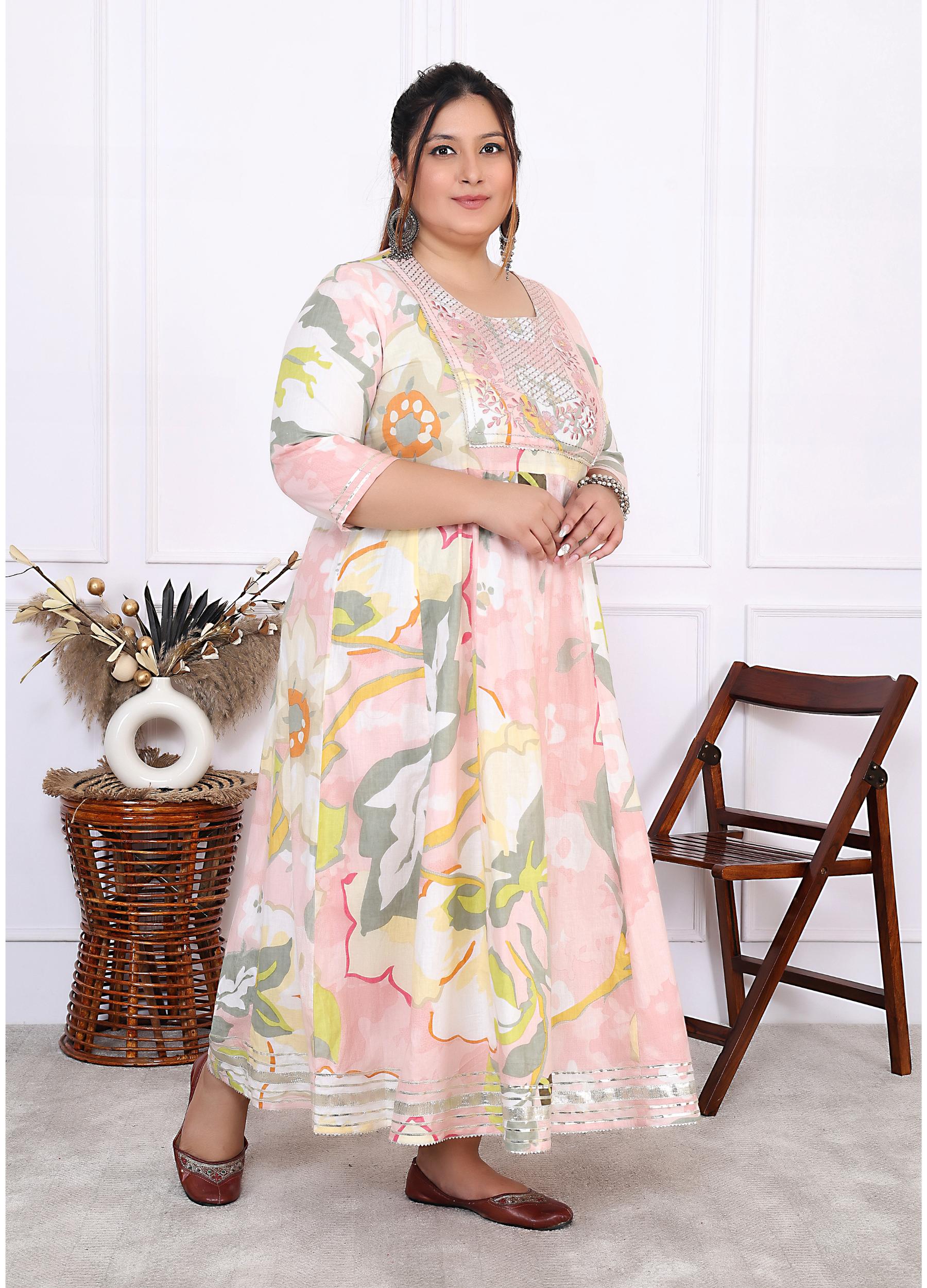 Plus Size Pink Cotton Floral Print Embroidered Long Dress (B24-Pink)