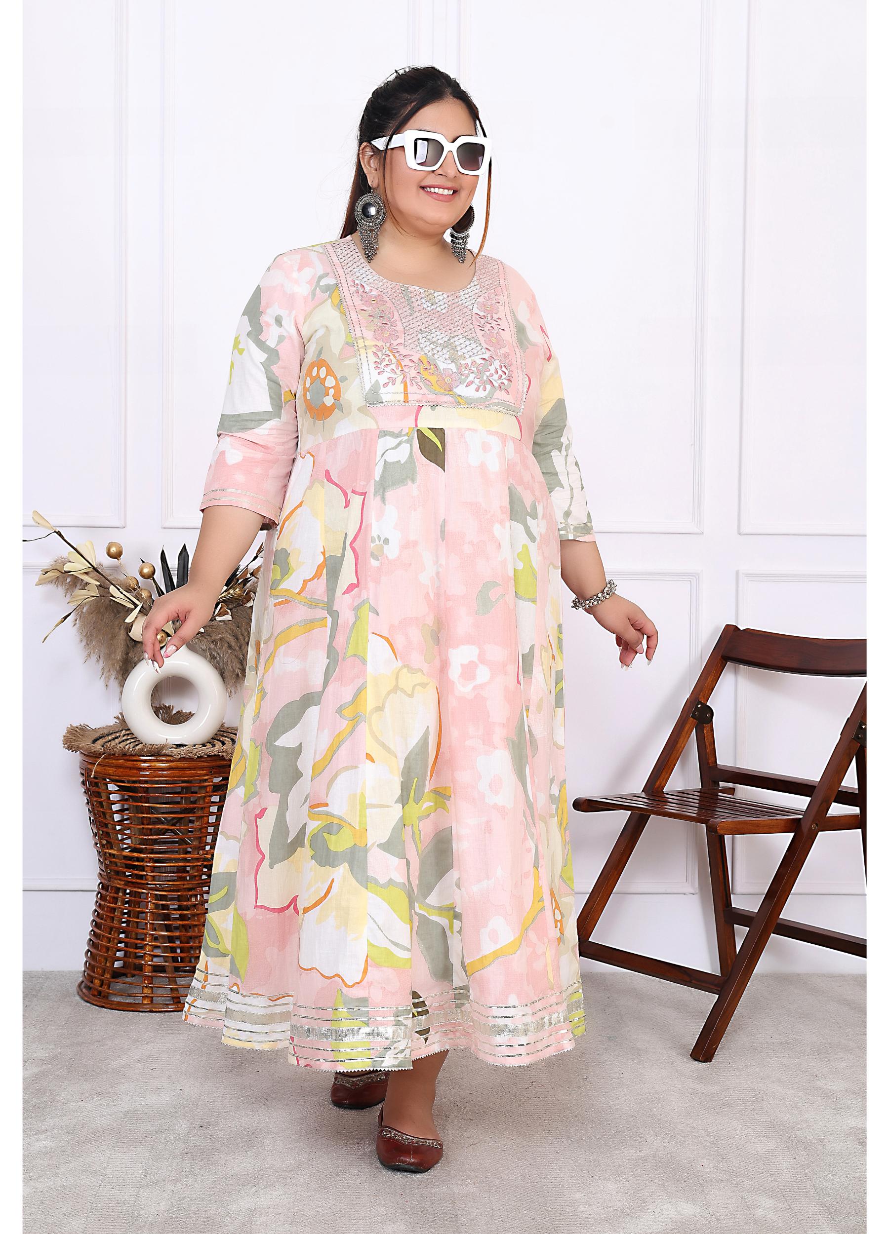 Plus Size Pink Cotton Floral Print Embroidered Long Dress (B24-Pink)