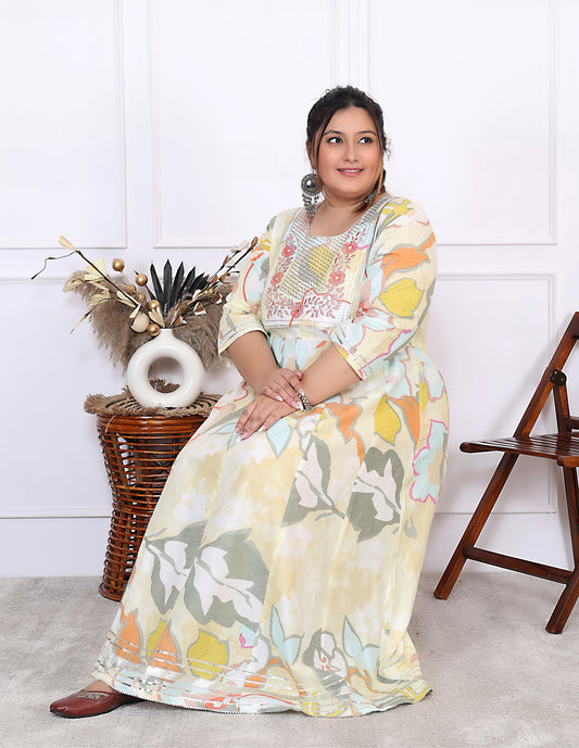 Plus Size Yellow Cotton Floral Print Embroidered Gown (B24-Yellow)