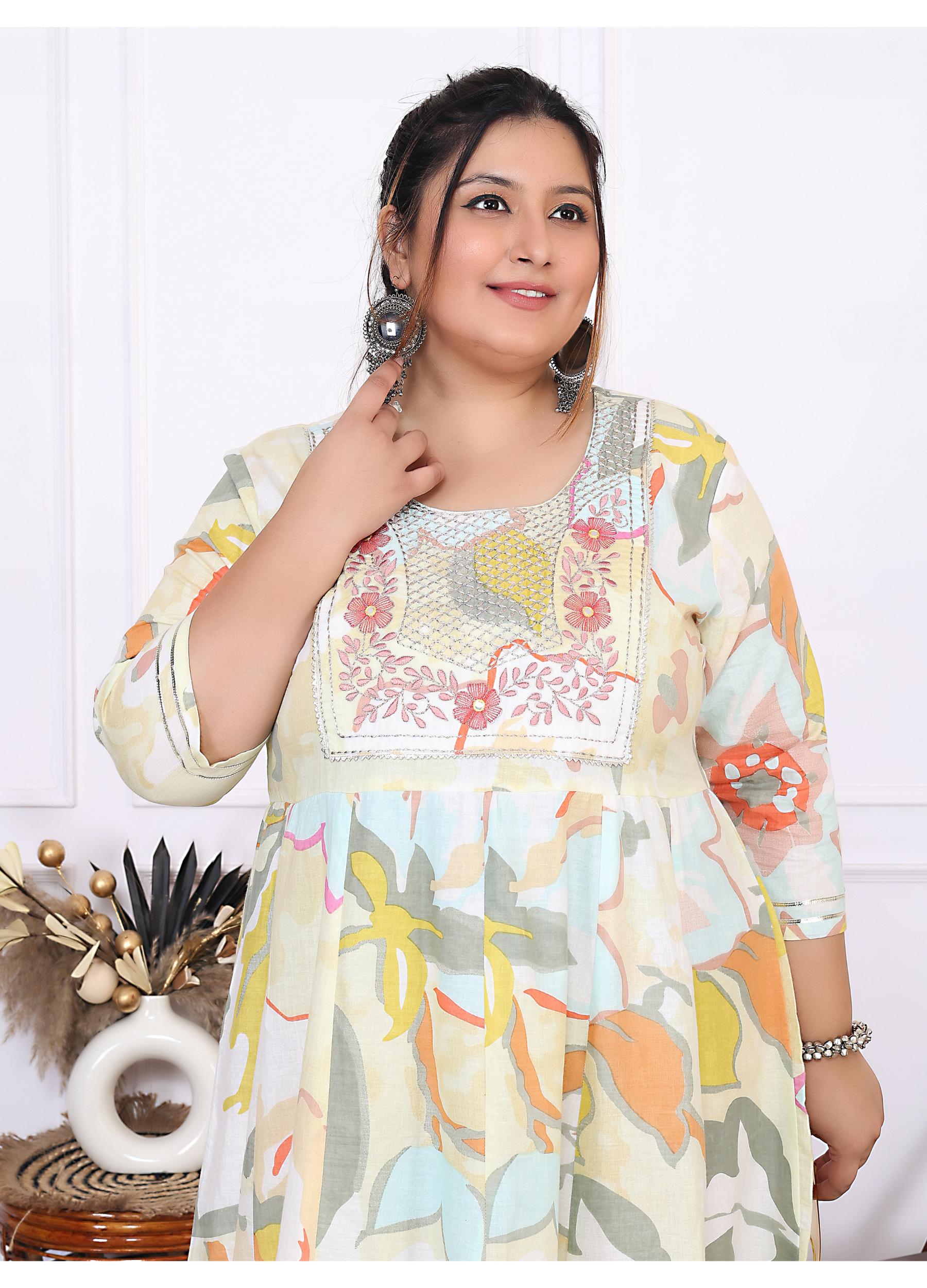 Plus Size Yellow Cotton Floral Print Embroidered Gown (B24-Yellow)