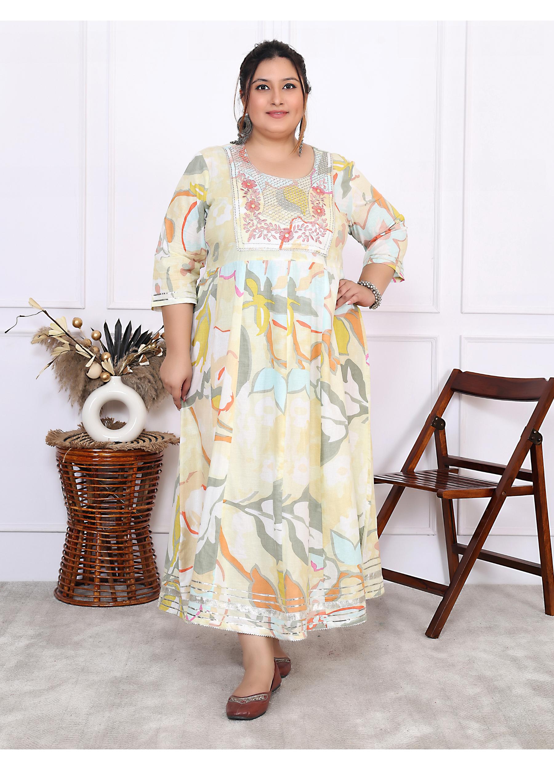 Plus Size Yellow Cotton Floral Print Embroidered Gown (B24-Yellow)