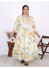 Plus Size Yellow Cotton Floral Print Embroidered Gown (B24-Yellow)