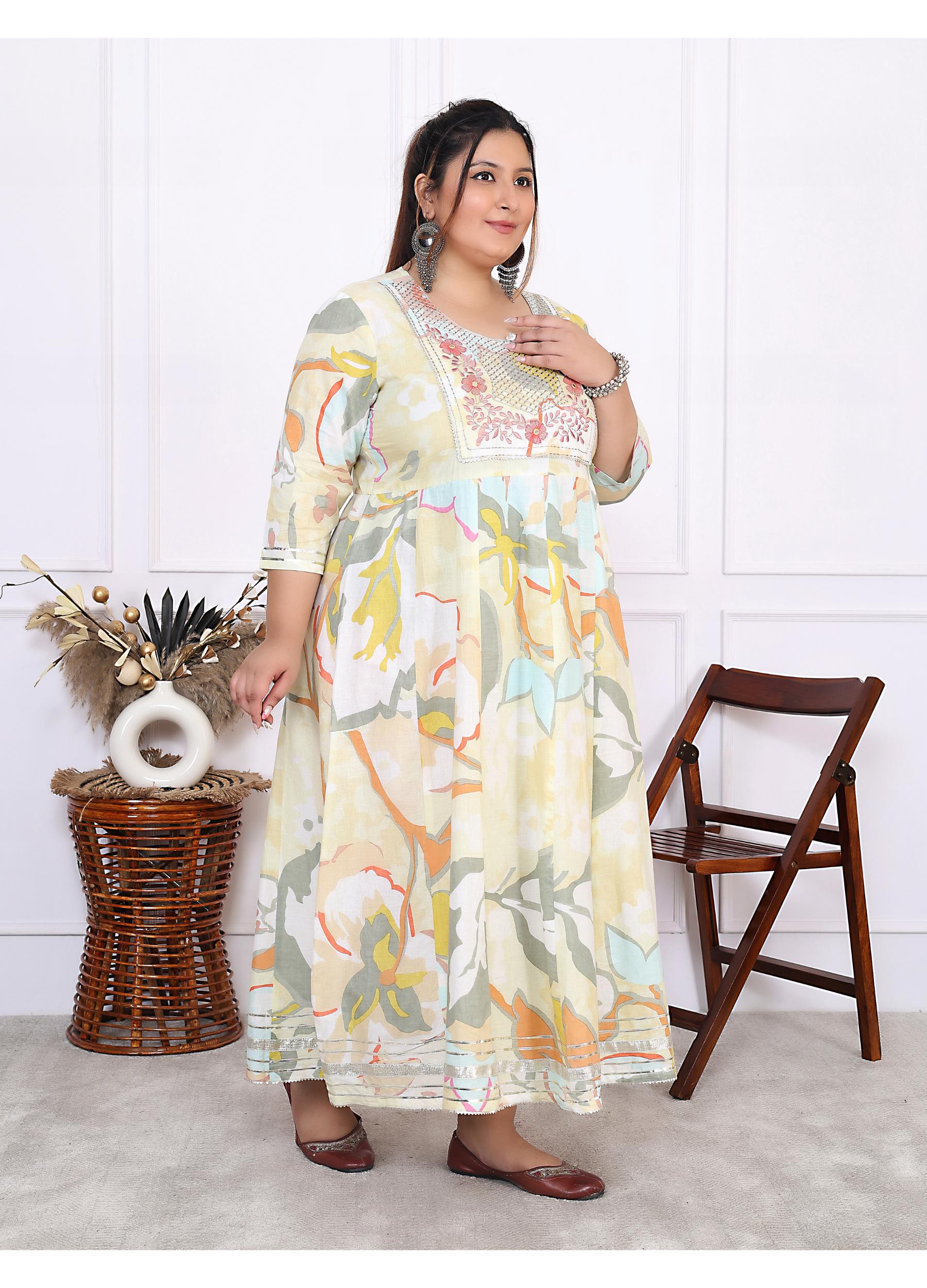 Plus Size Yellow Cotton Floral Print Embroidered Gown (B24-Yellow)