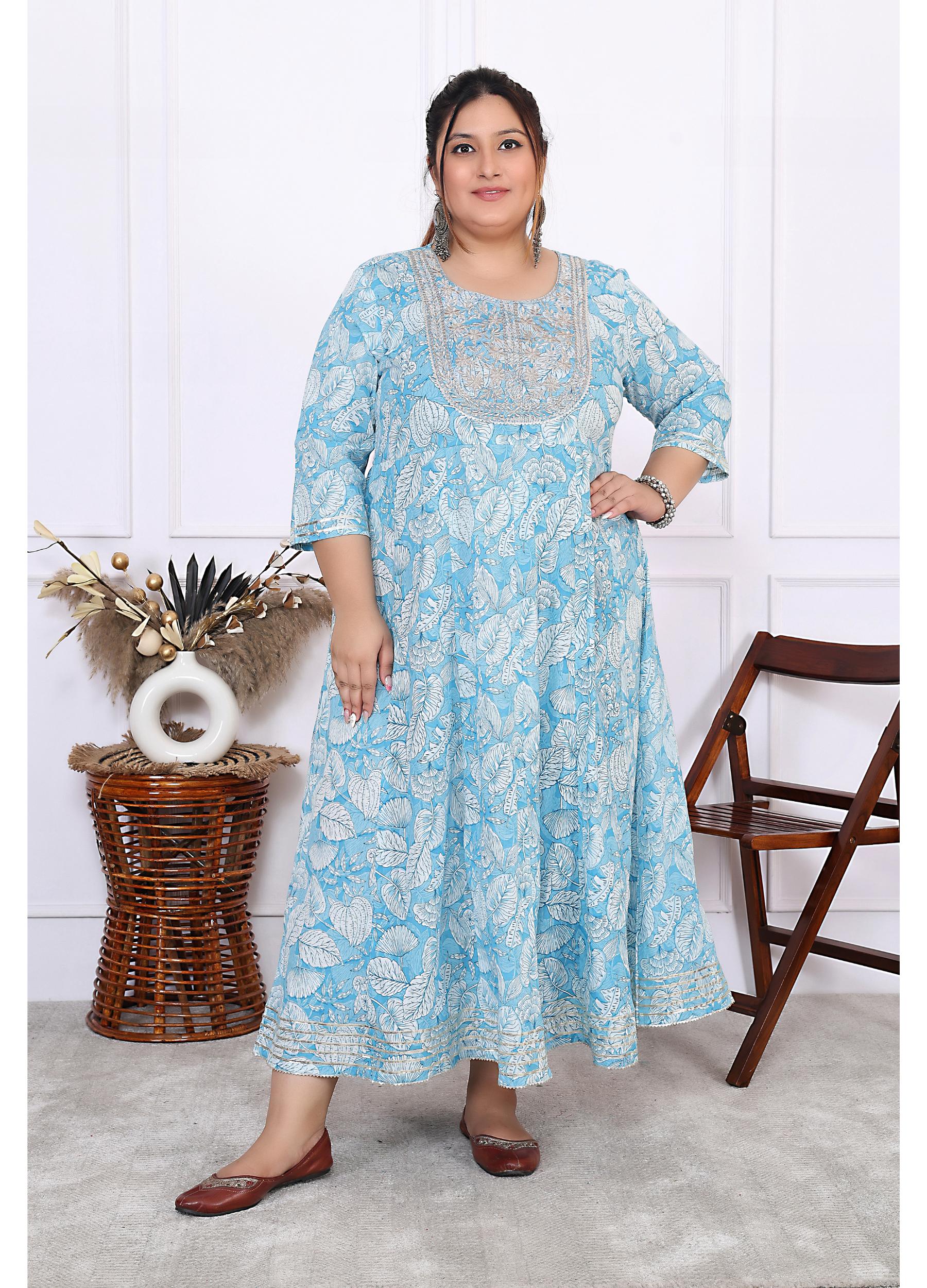 Plus Size Blue Cotton Floral Print Embroidered Gown (B25-Blue)