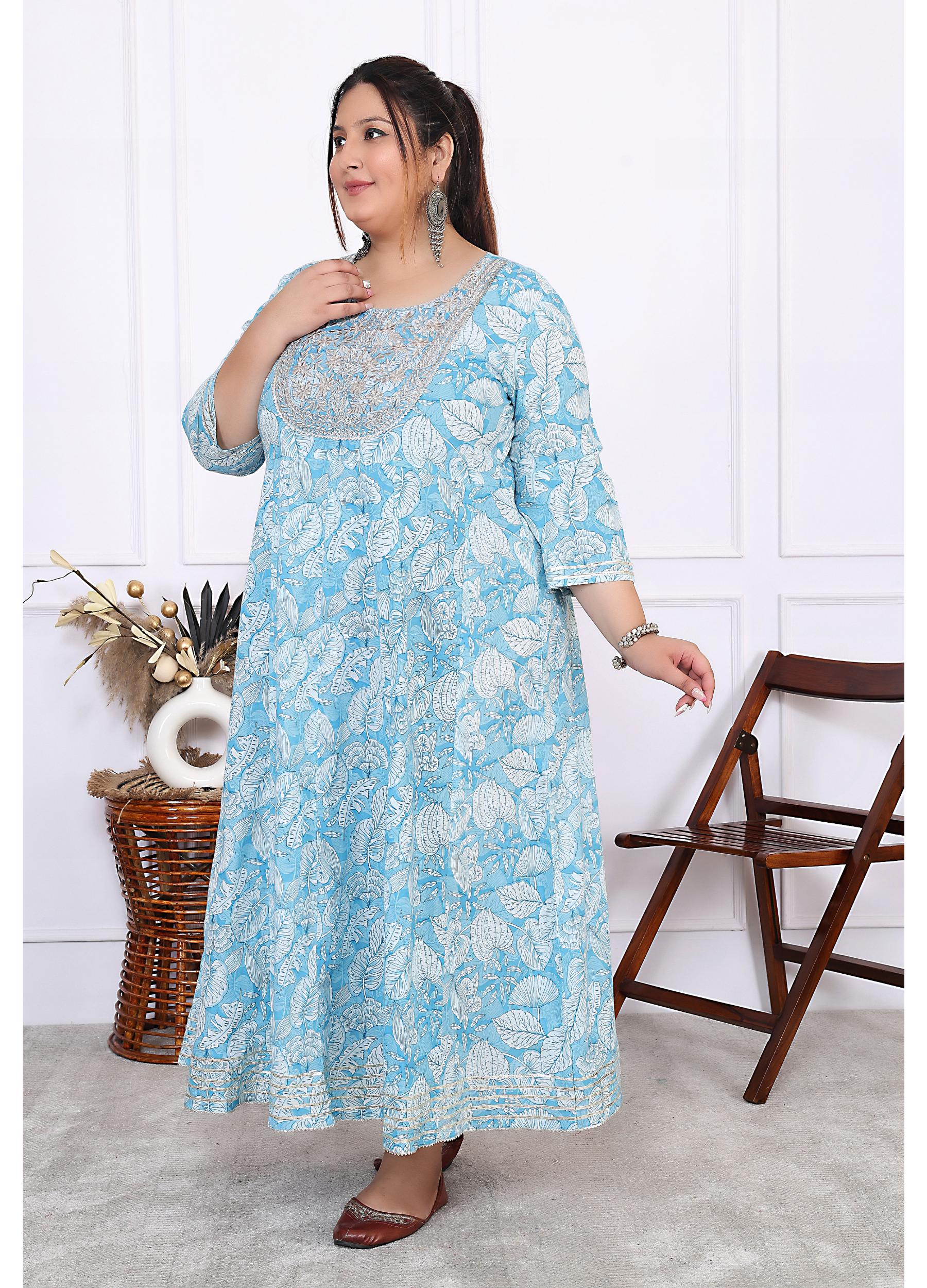 Plus Size Blue Cotton Floral Print Embroidered Gown (B25-Blue)