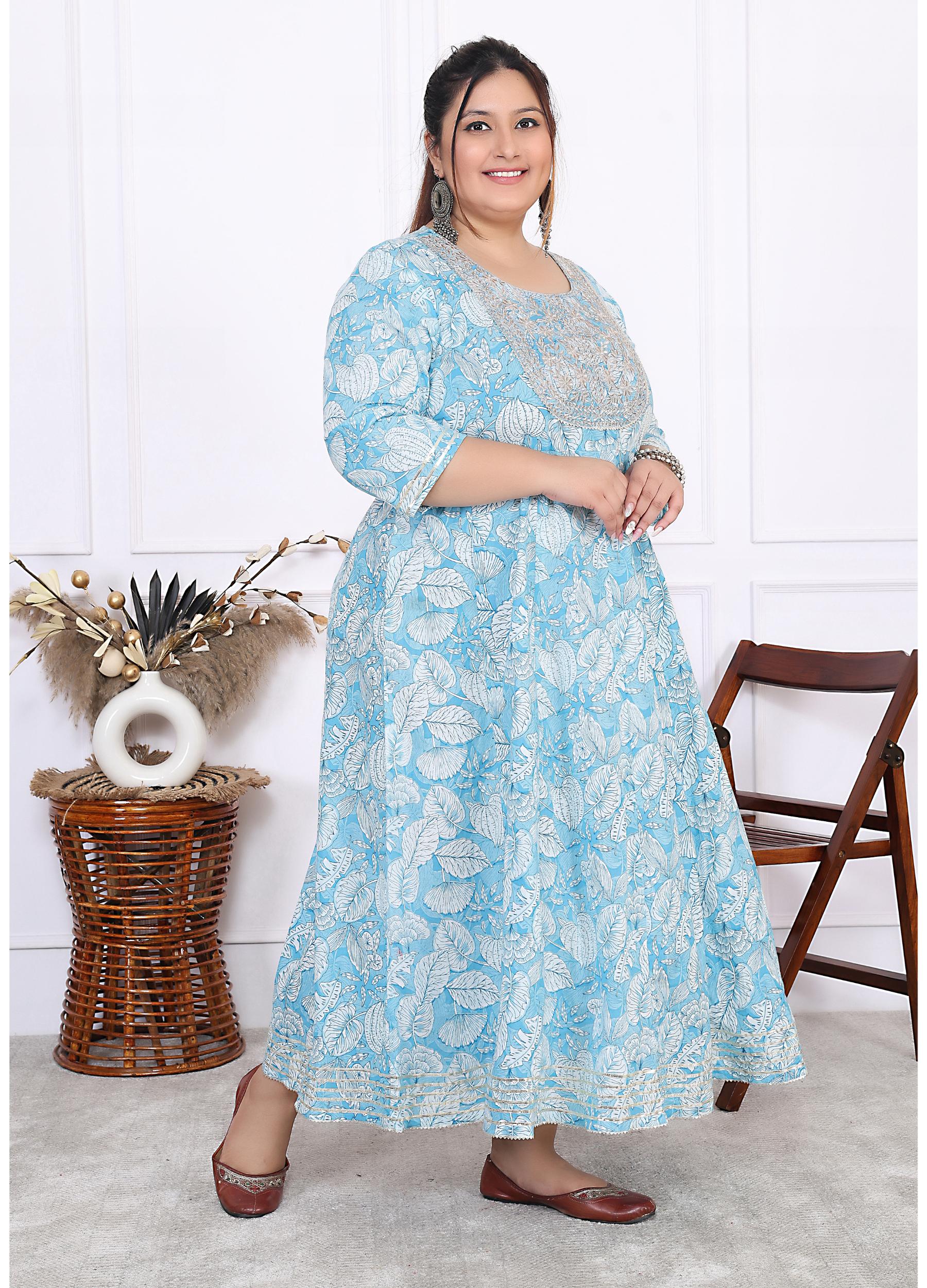 Plus Size Blue Cotton Floral Print Embroidered Gown (B25-Blue)