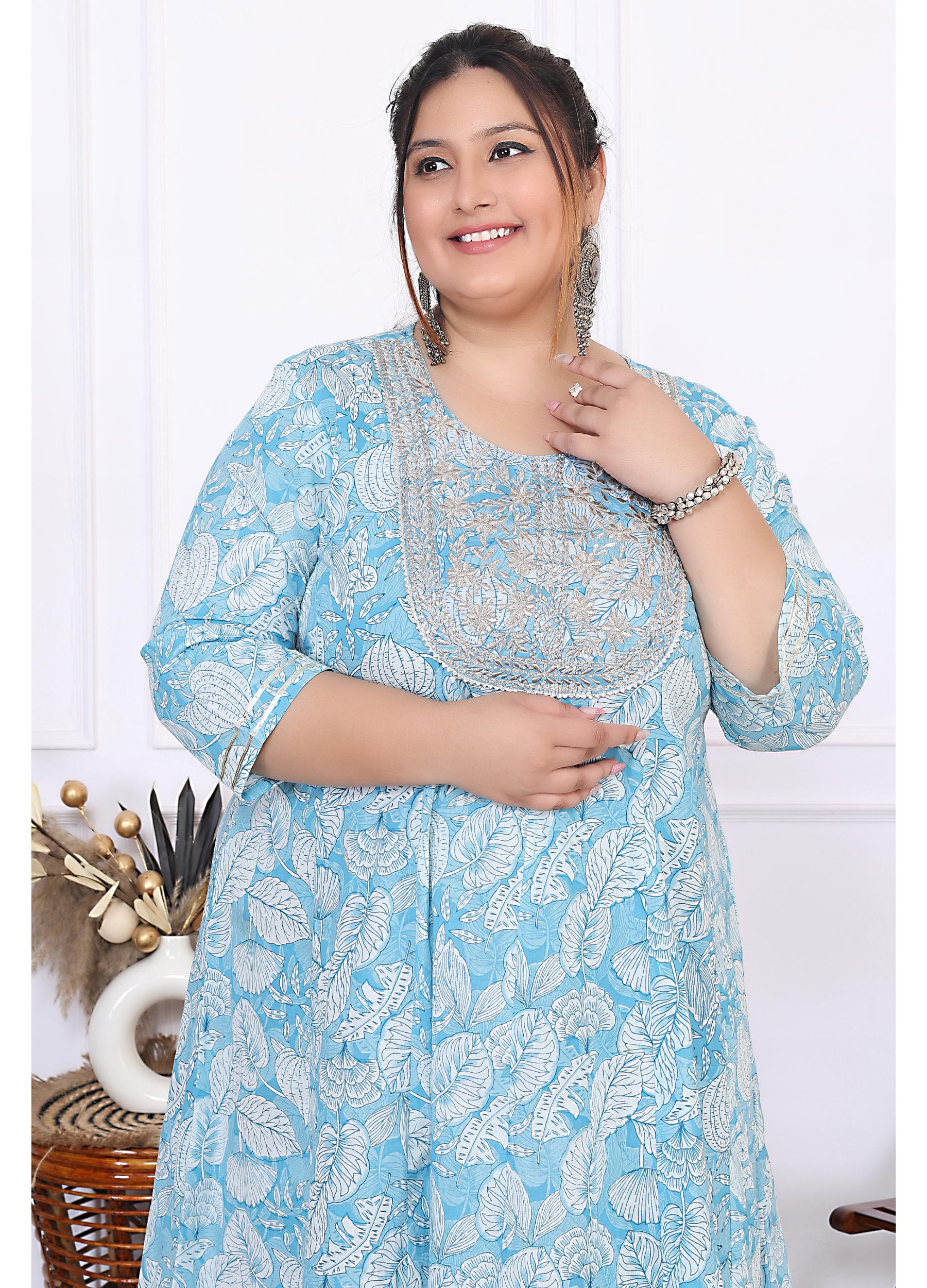 Plus Size Blue Cotton Floral Print Embroidered Gown (B25-Blue)