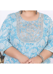 Plus Size Blue Cotton Floral Print Embroidered Gown (B25-Blue)