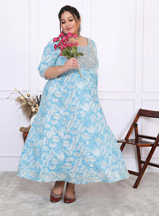 Plus Size Blue Cotton Floral Print Embroidered Gown (B25-Blue)