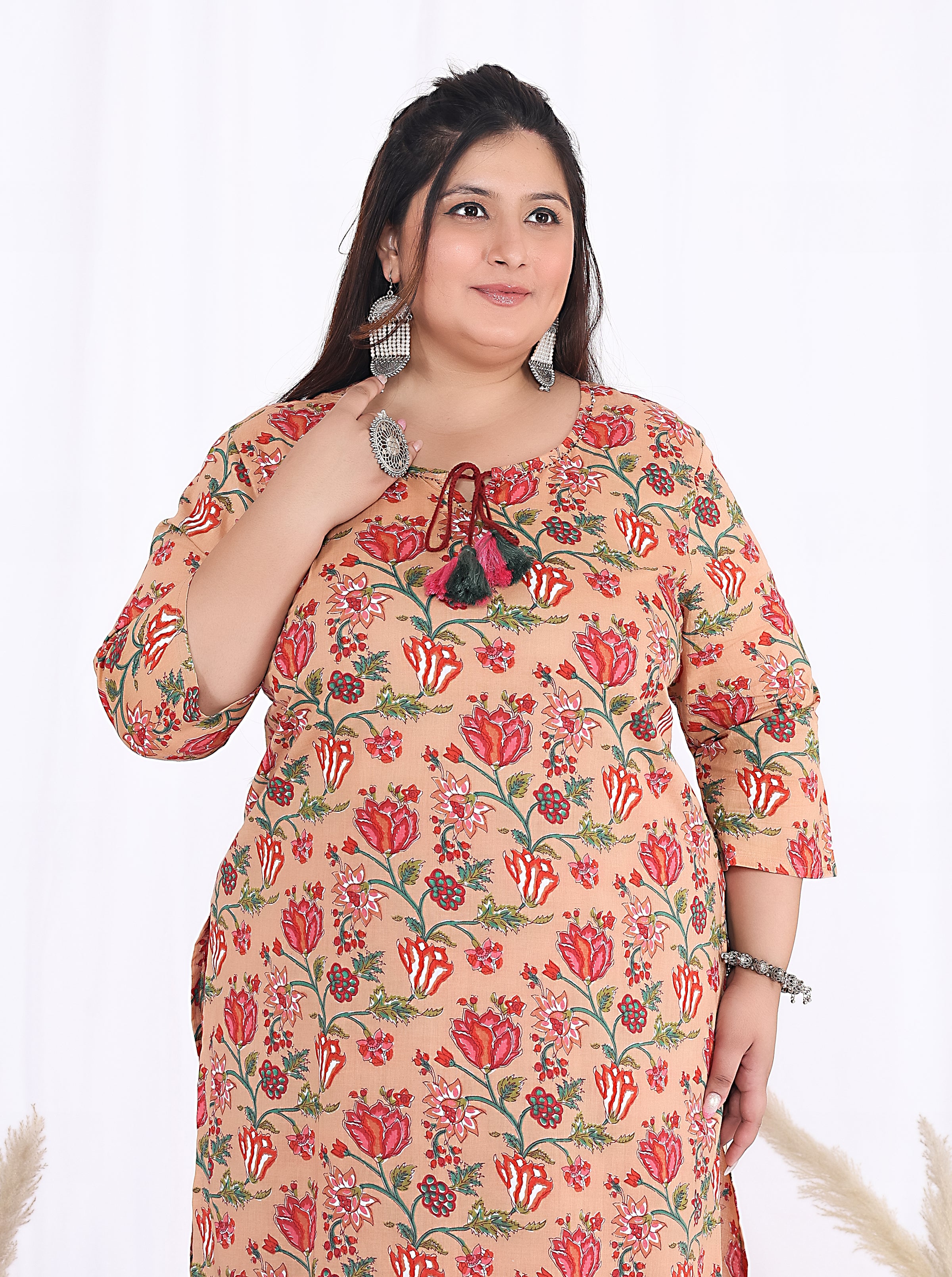 Women Printed Cotton Straight Kurta (B27-Beige)