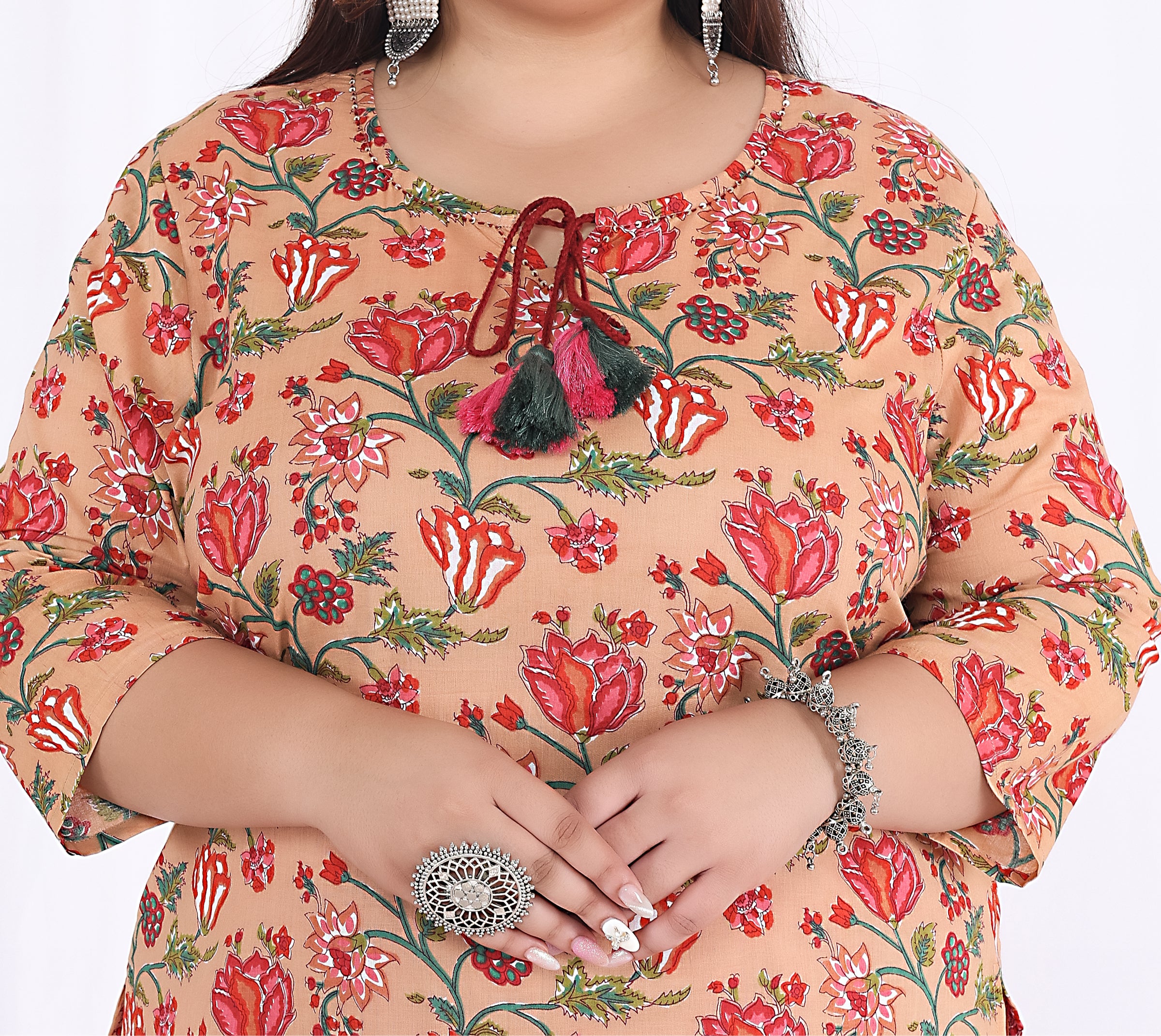 Women Printed Cotton Straight Kurta (B27-Beige)