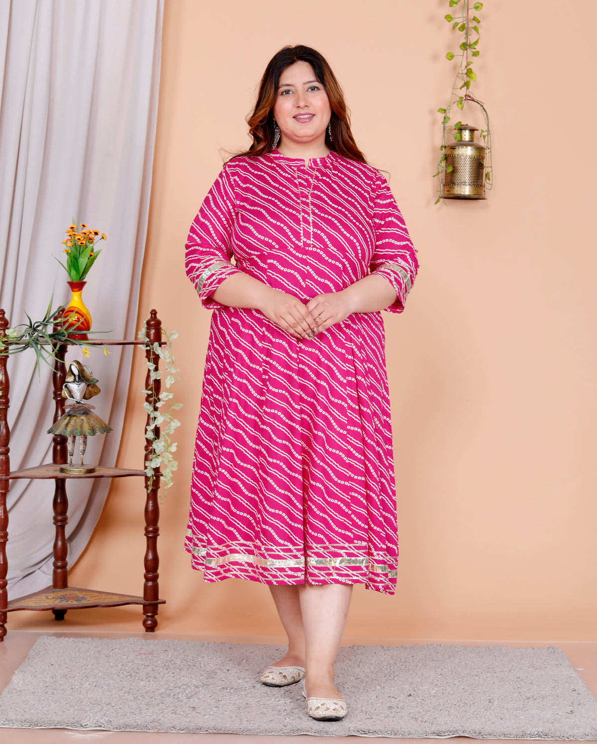 Plus Size Pink Cotton Blend Lahariya Print Gown (B28-Pink)