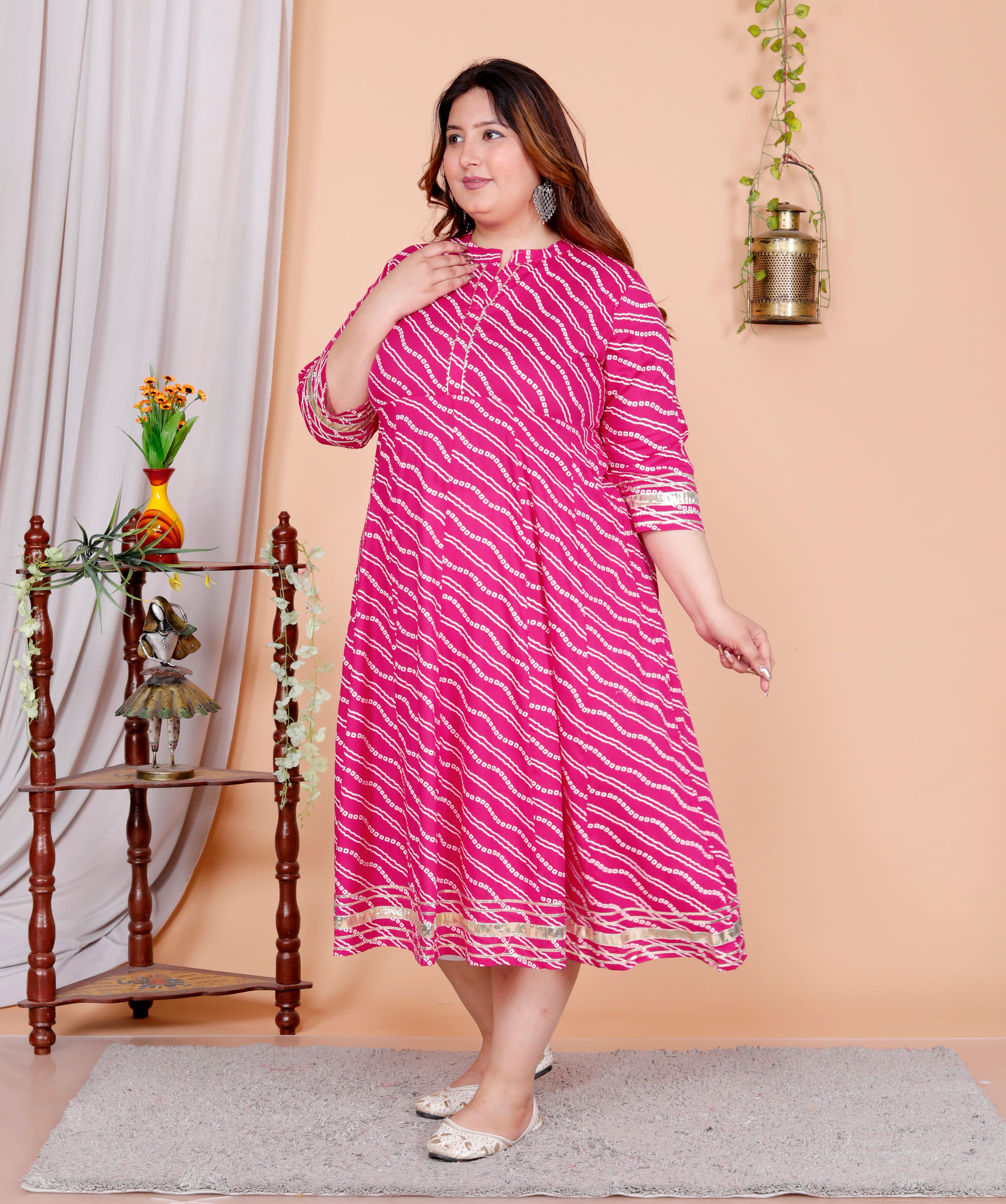 Plus Size Pink Cotton Blend Lahariya Print Gown (B28-Pink)