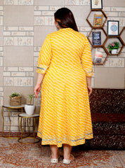 Plus Size Yellow Cotton Blend Lahariya Print Gown (B28-Yellow)