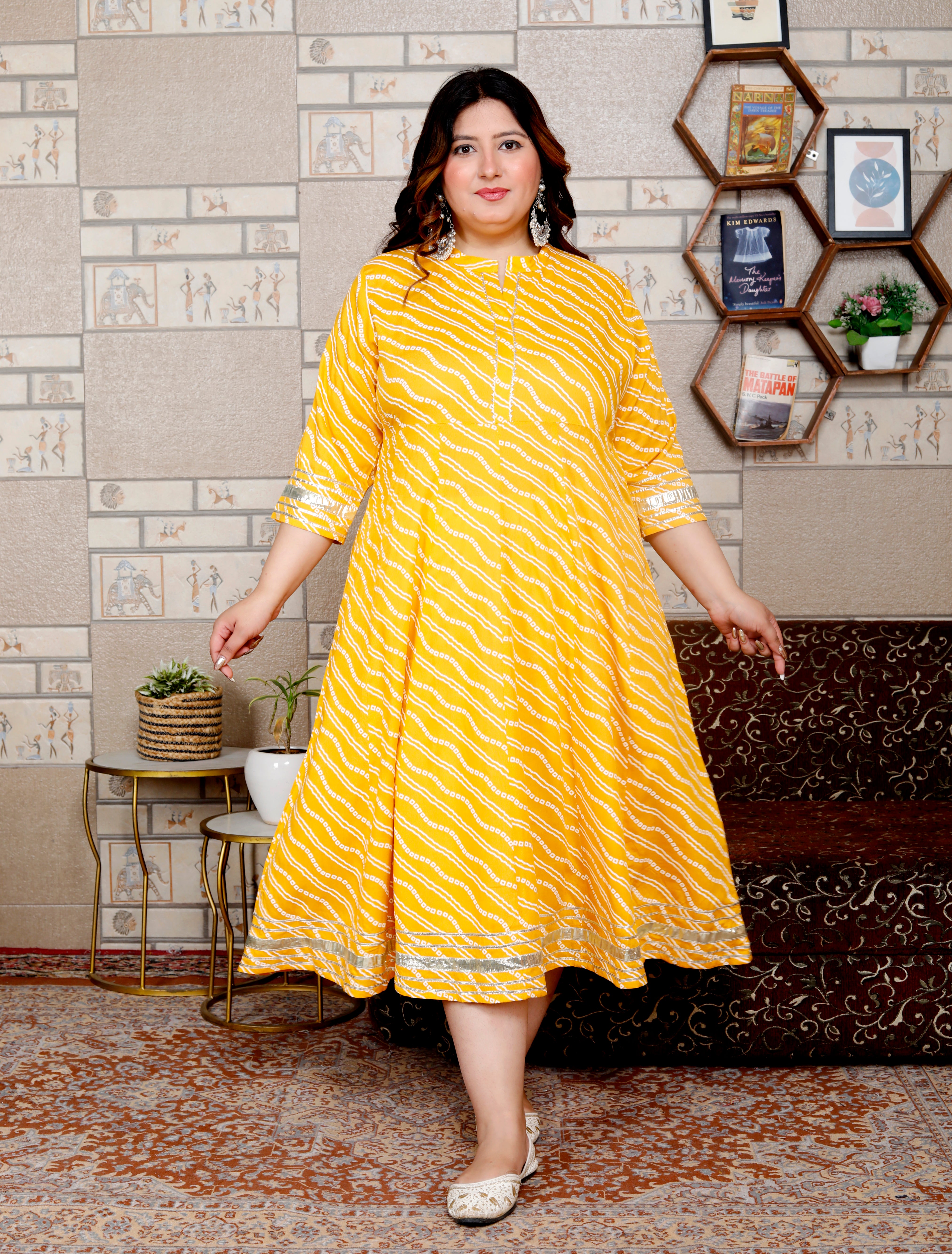 Plus Size Yellow Cotton Blend Lahariya Print Gown (B28-Yellow)