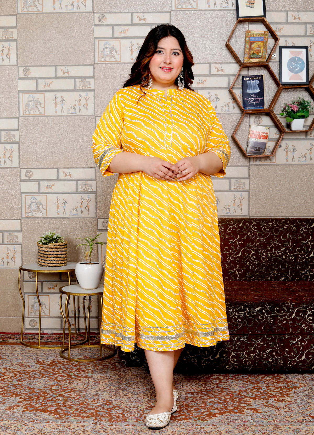 Plus Size Yellow Cotton Blend Lahariya Print Gown (B28-Yellow)