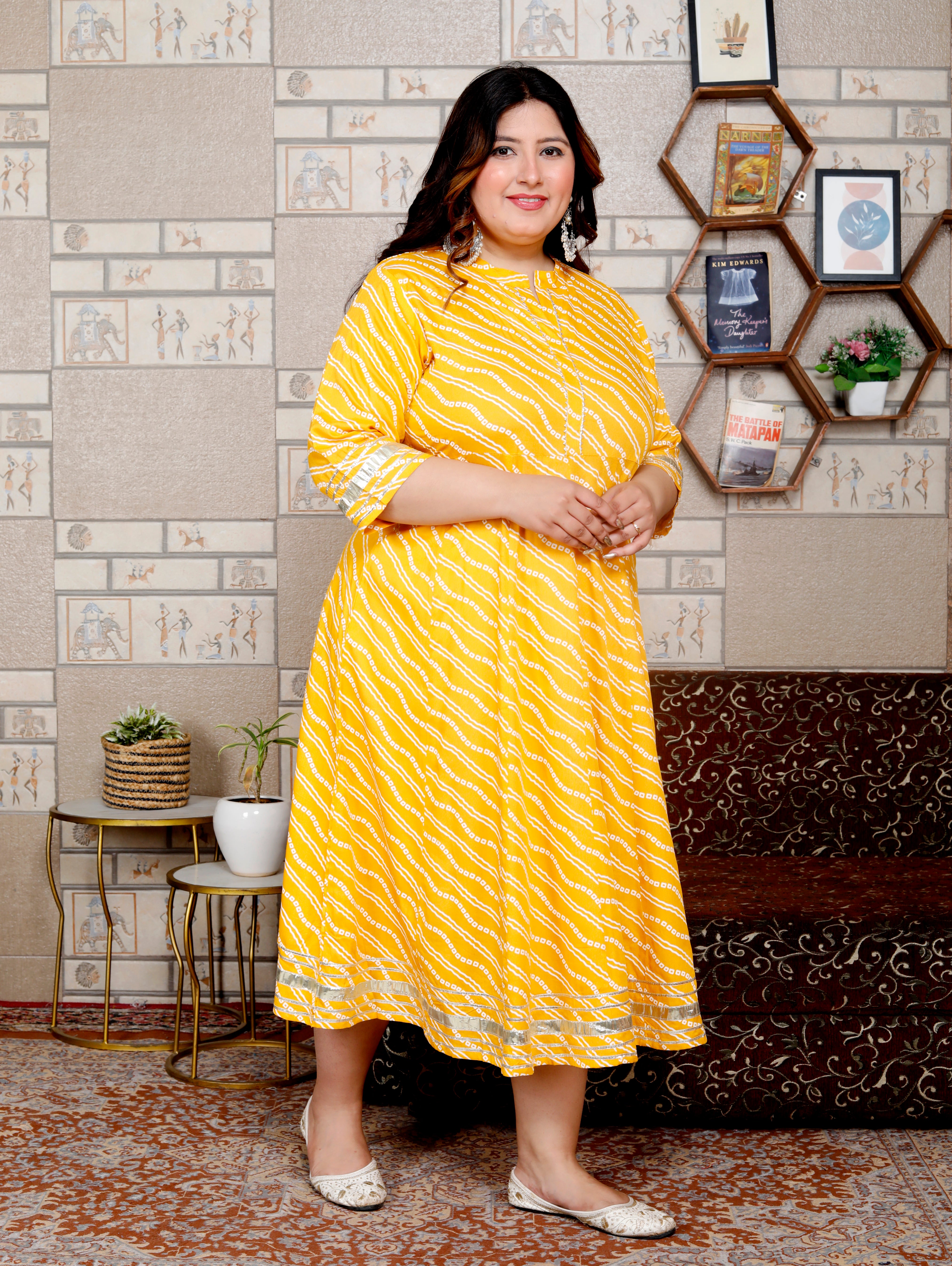 Plus Size Yellow Cotton Blend Lahariya Print Gown (B28-Yellow)