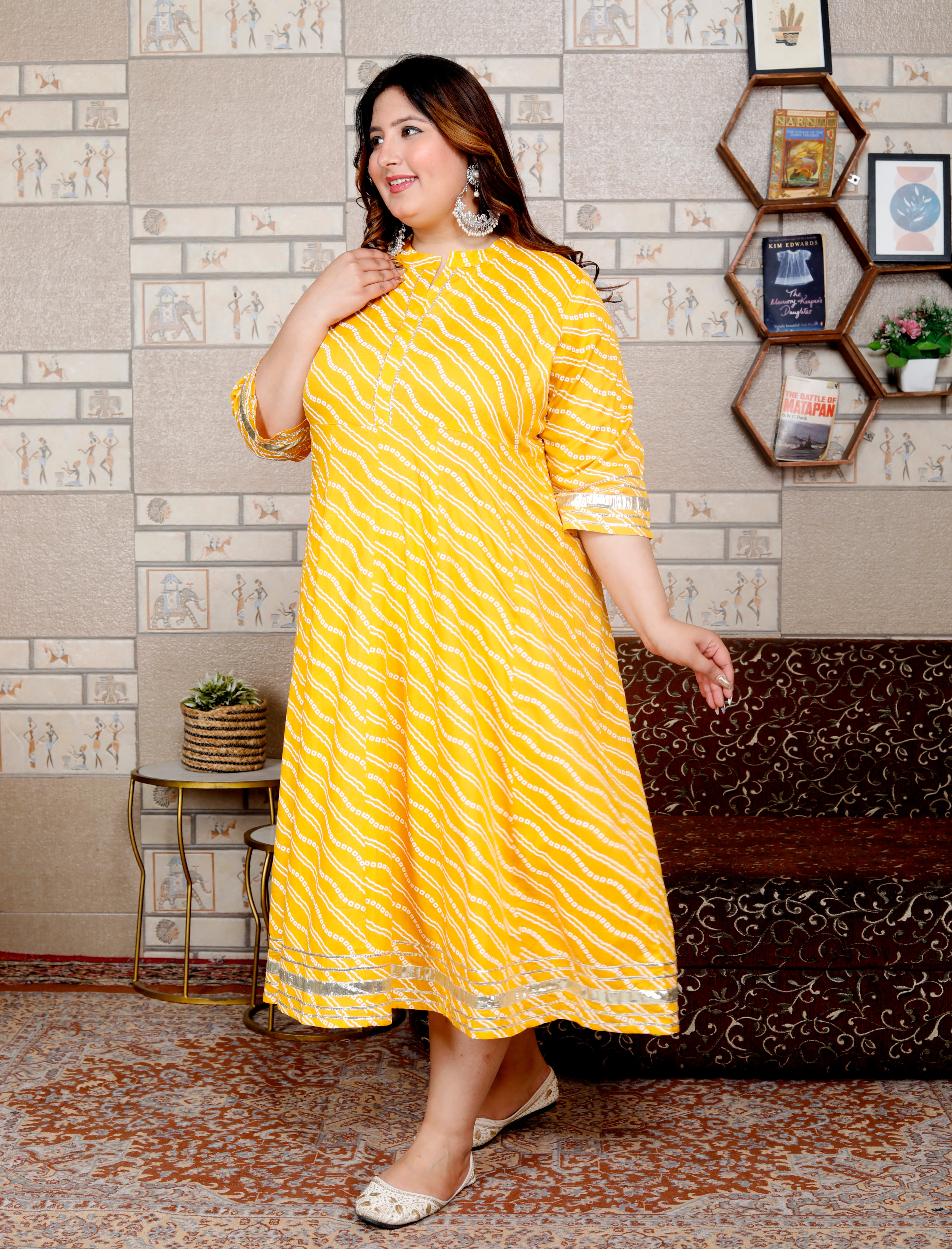 Plus Size Yellow Cotton Blend Lahariya Print Gown (B28-Yellow)