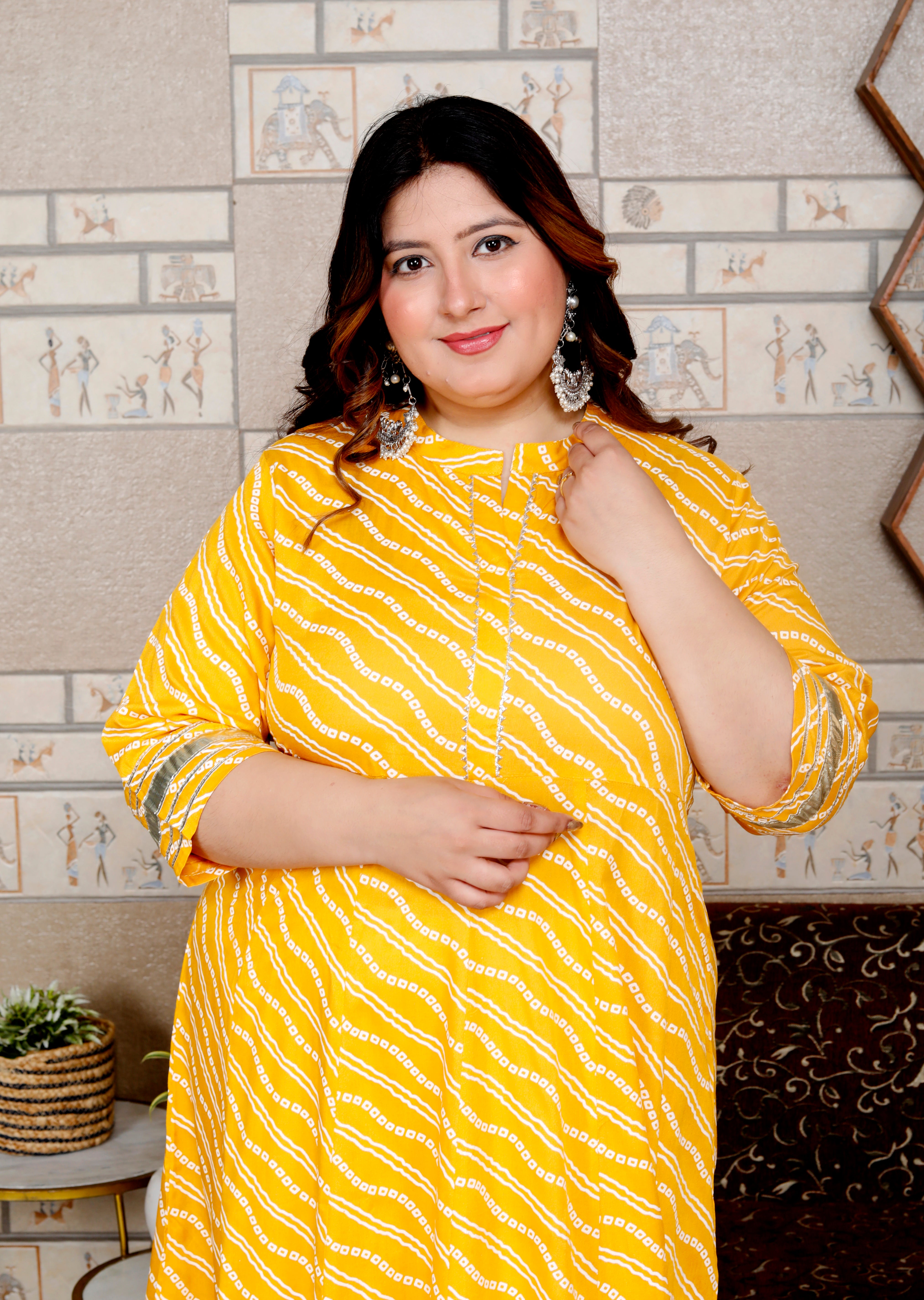 Plus Size Yellow Cotton Blend Lahariya Print Gown (B28-Yellow)