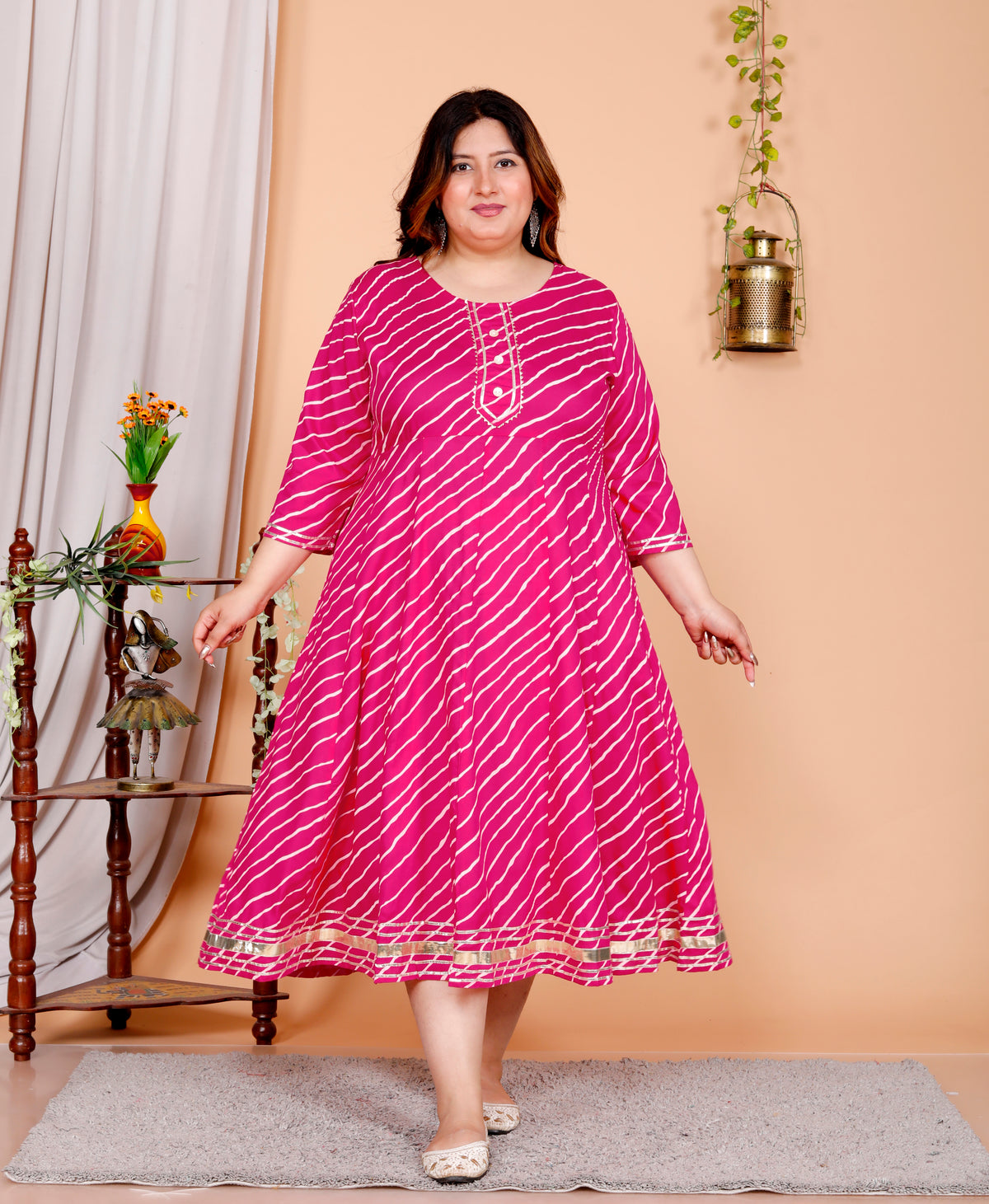 Plus Size Pink Cotton Blend Lahariya Print Gown (B29-Pink)