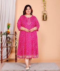 Plus Size Pink Cotton Blend Lahariya Print Gown (B29-Pink)