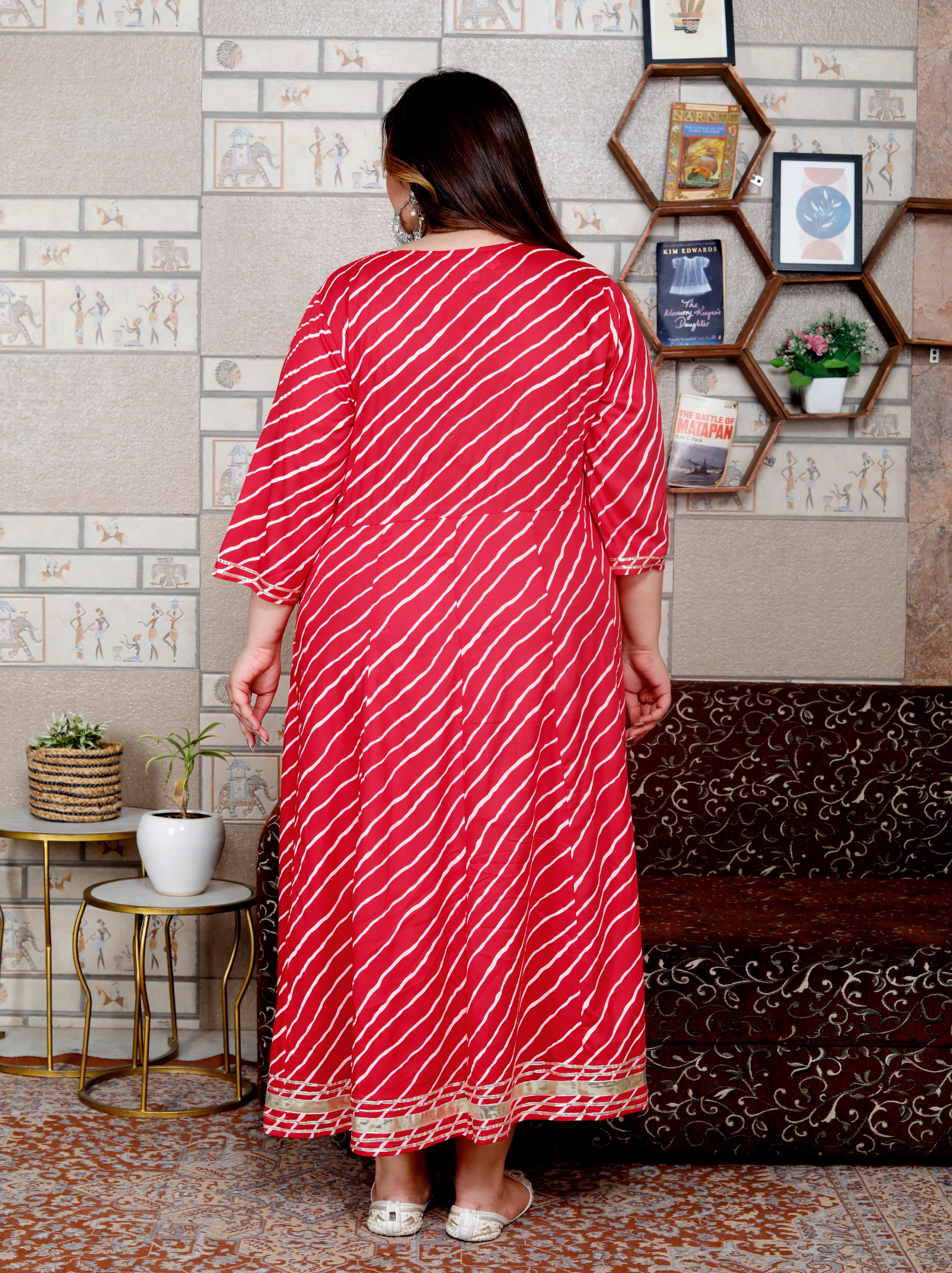Plus Size Red Cotton Blend Lahariya Print Gown (B29-Red)