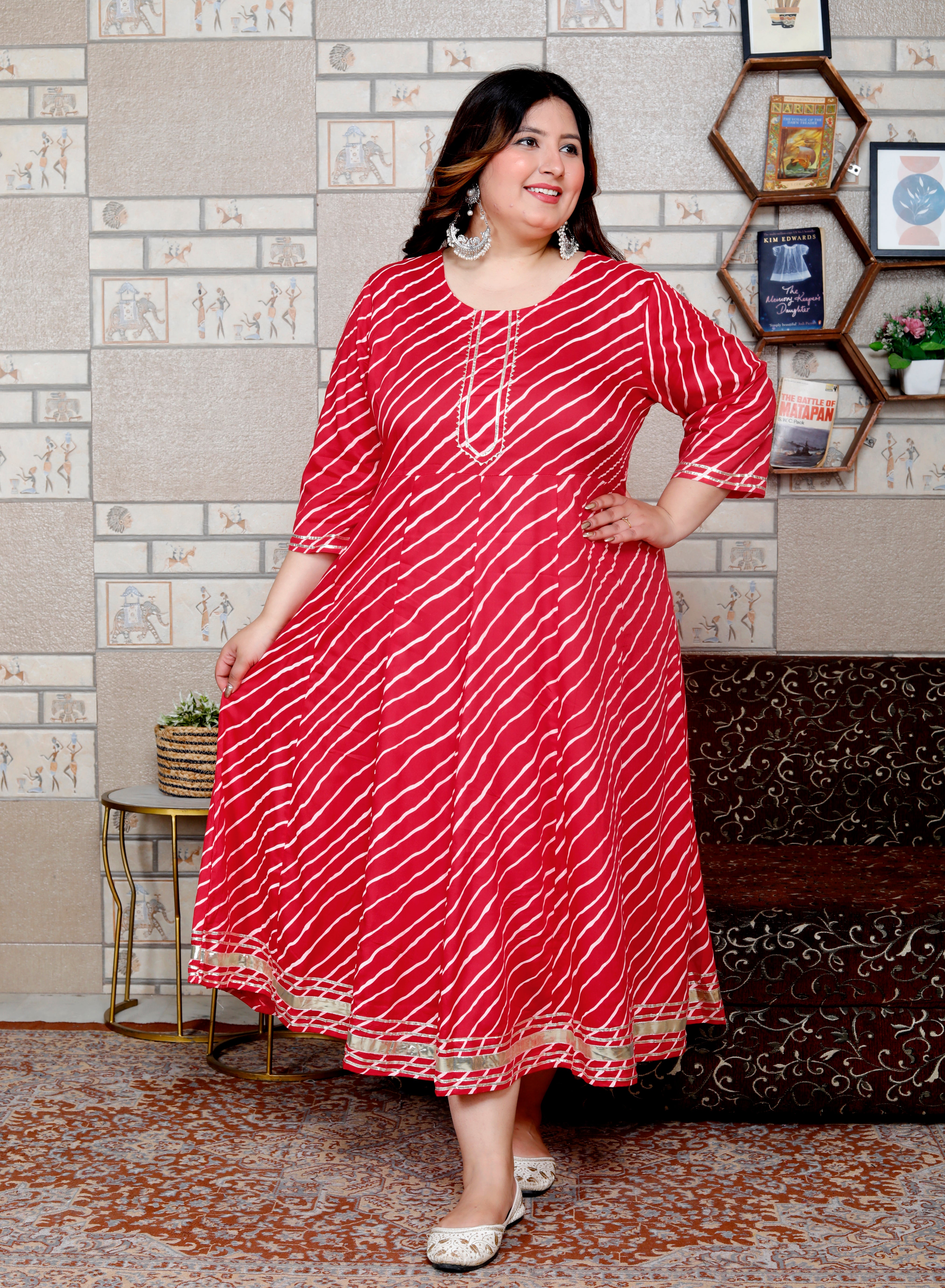 Plus Size Red Cotton Blend Lahariya Print Gown (B29-Red)
