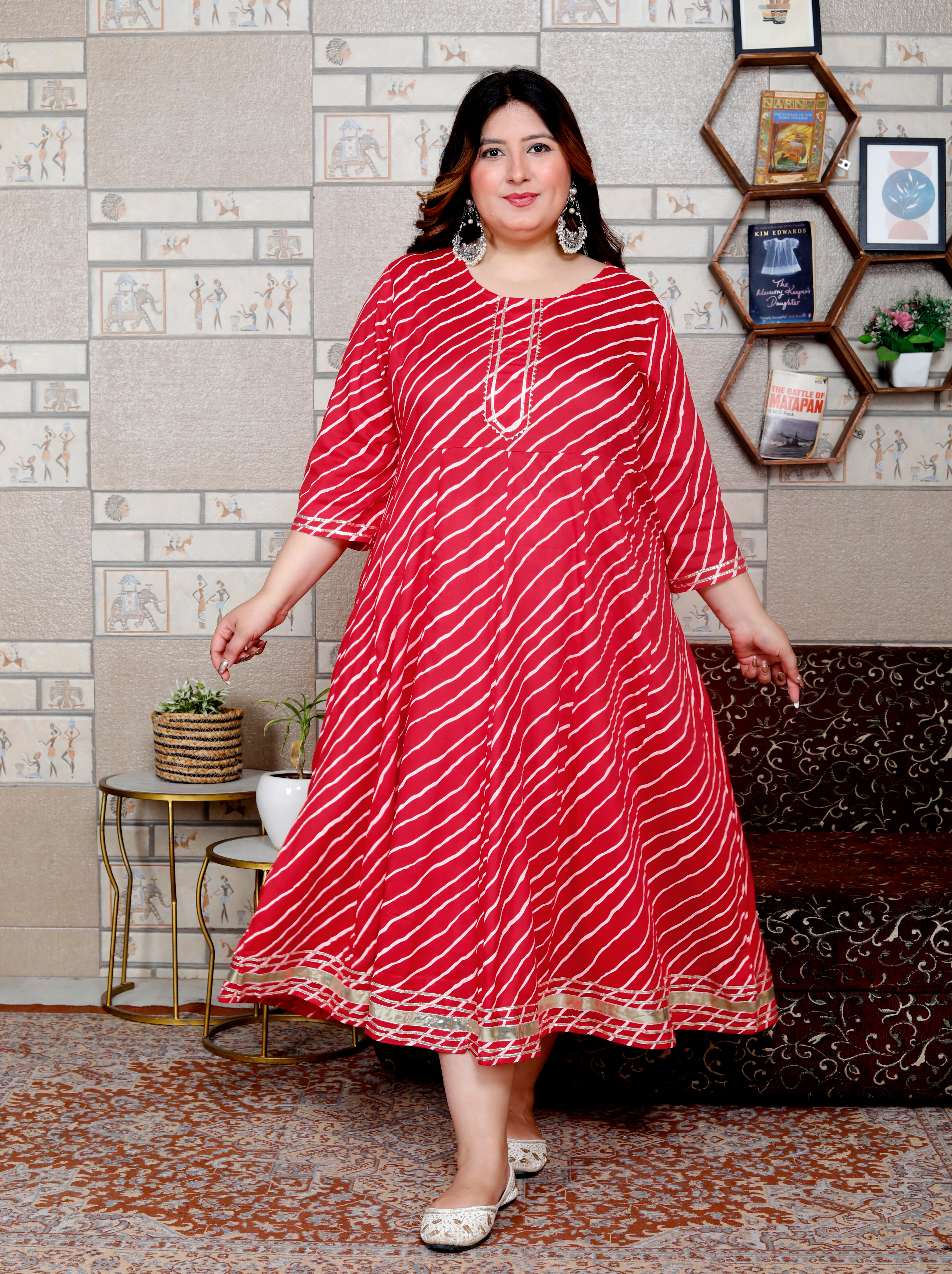 Plus Size Red Cotton Blend Lahariya Print Gown (B29-Red)