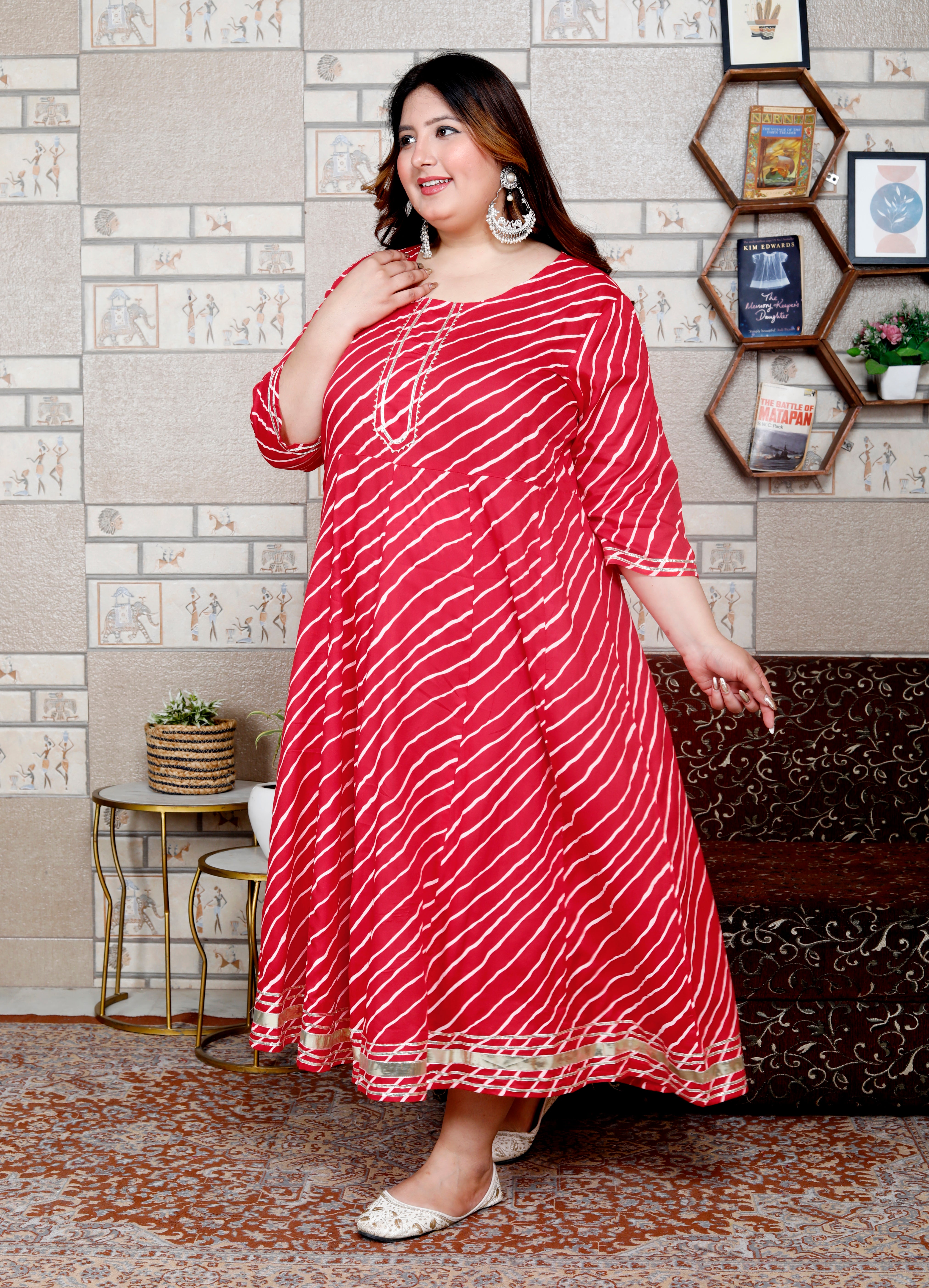 Plus Size Red Cotton Blend Lahariya Print Gown (B29-Red)