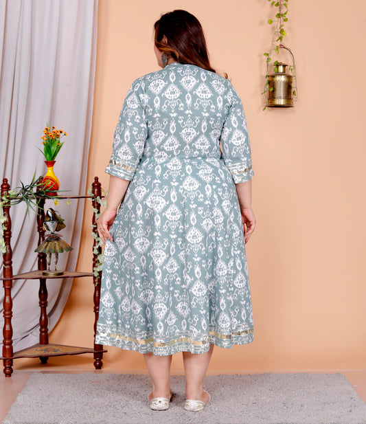 Plus Size Grey Cotton Blend Printed Gown (B30-Grey)