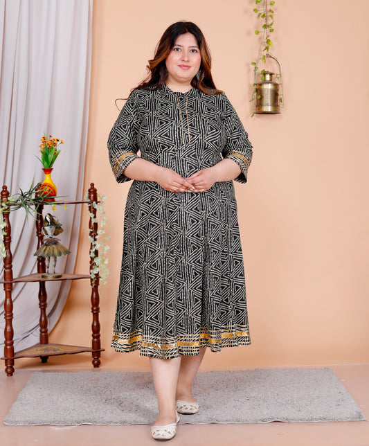 Plus Size Black Cotton Blend Bandhani Print Gown (B31-Black)