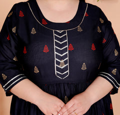 Plus Size Navy Blue Cotton Blend Printed Gown (B33-Navy Blue)