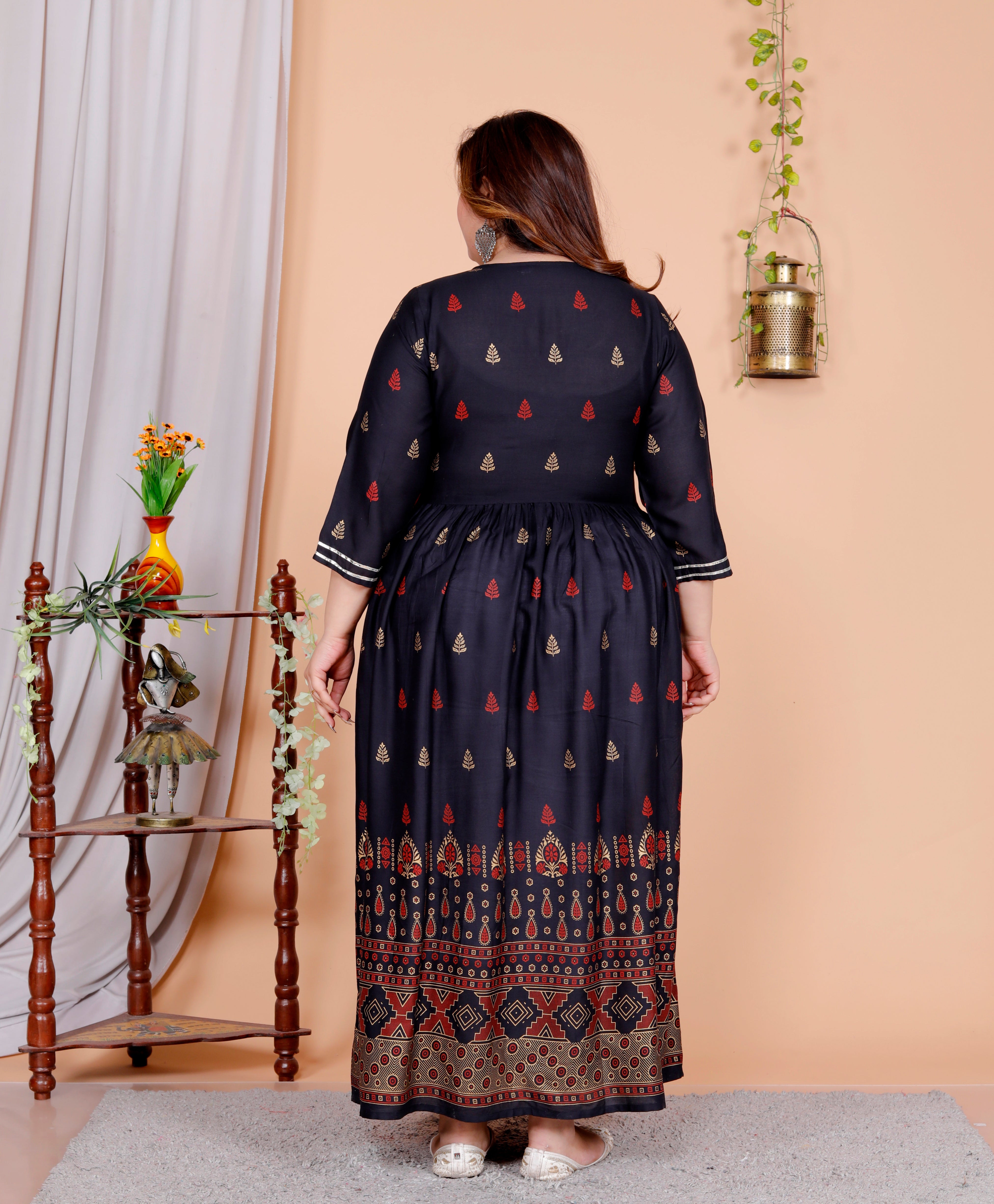 Plus Size Navy Blue Cotton Blend Printed Gown (B33-Navy Blue)