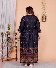 Plus Size Navy Blue Cotton Blend Printed Gown (B33-Navy Blue)