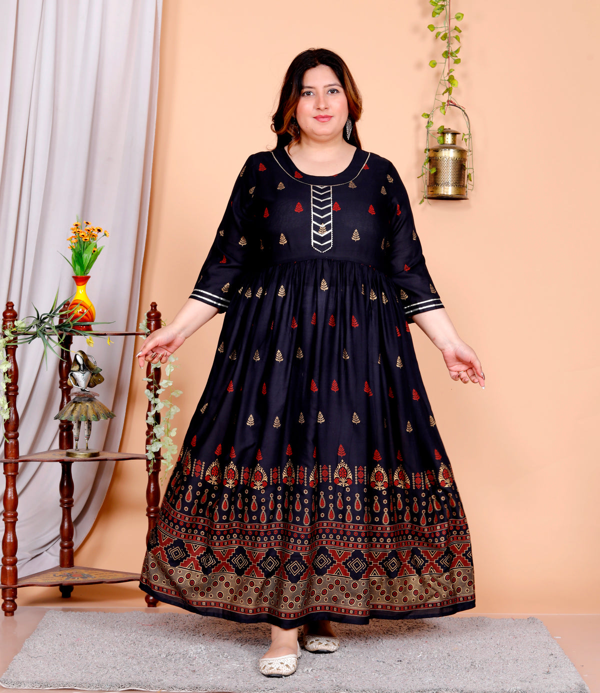 Plus Size Navy Blue Cotton Blend Printed Gown (B33-Navy Blue)