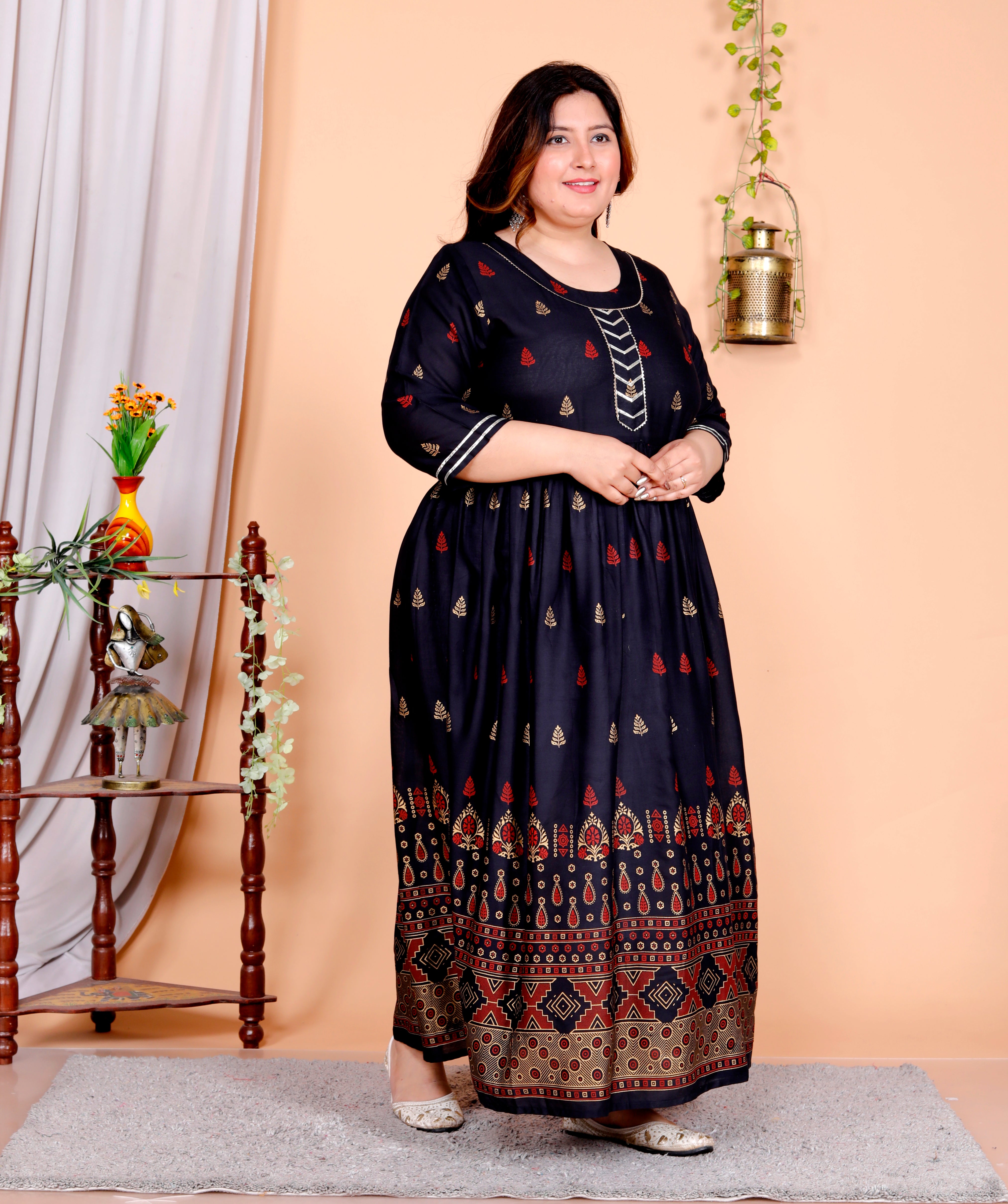 Plus Size Navy Blue Cotton Blend Printed Gown (B33-Navy Blue)