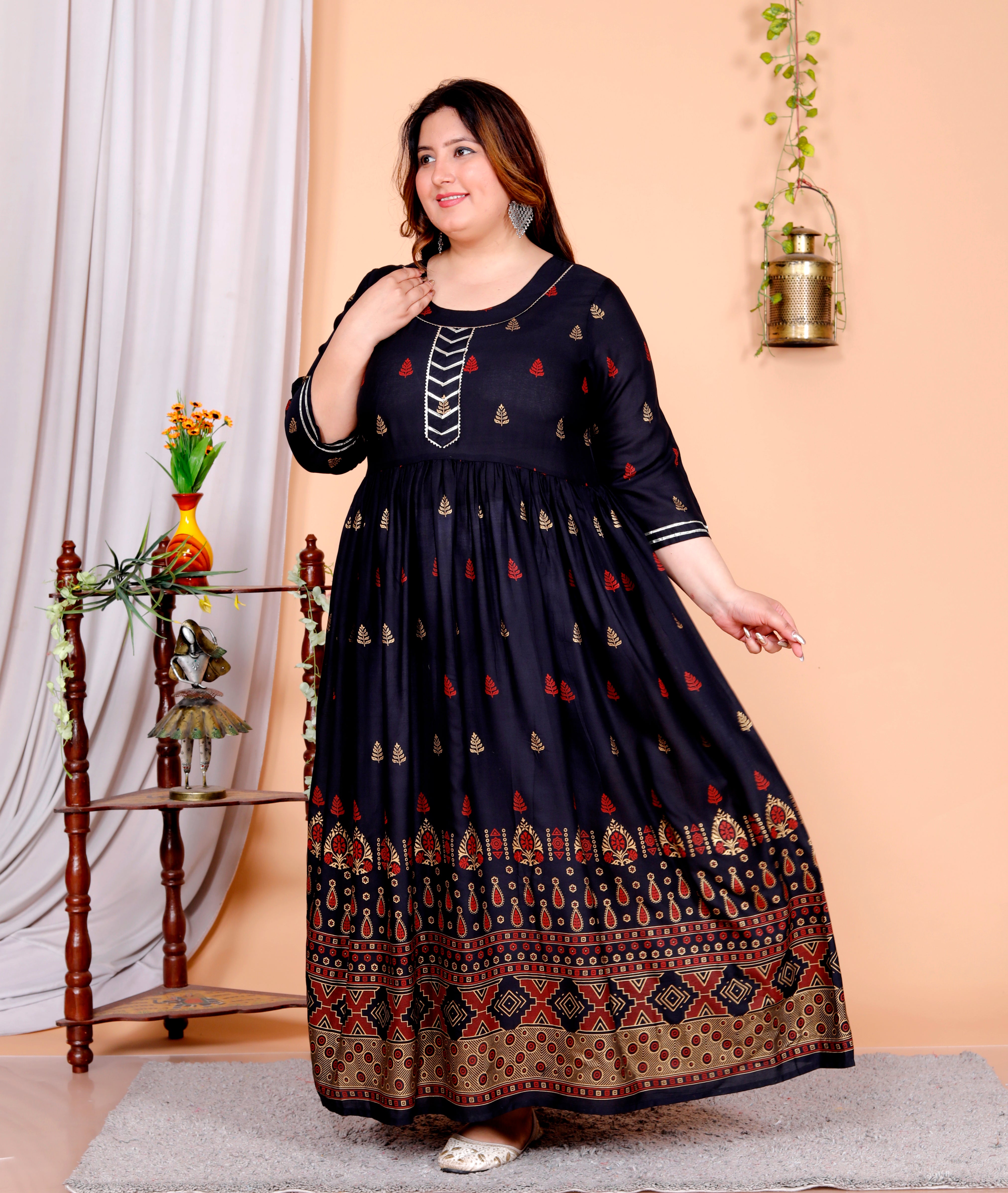 Plus Size Navy Blue Cotton Blend Printed Gown (B33-Navy Blue)