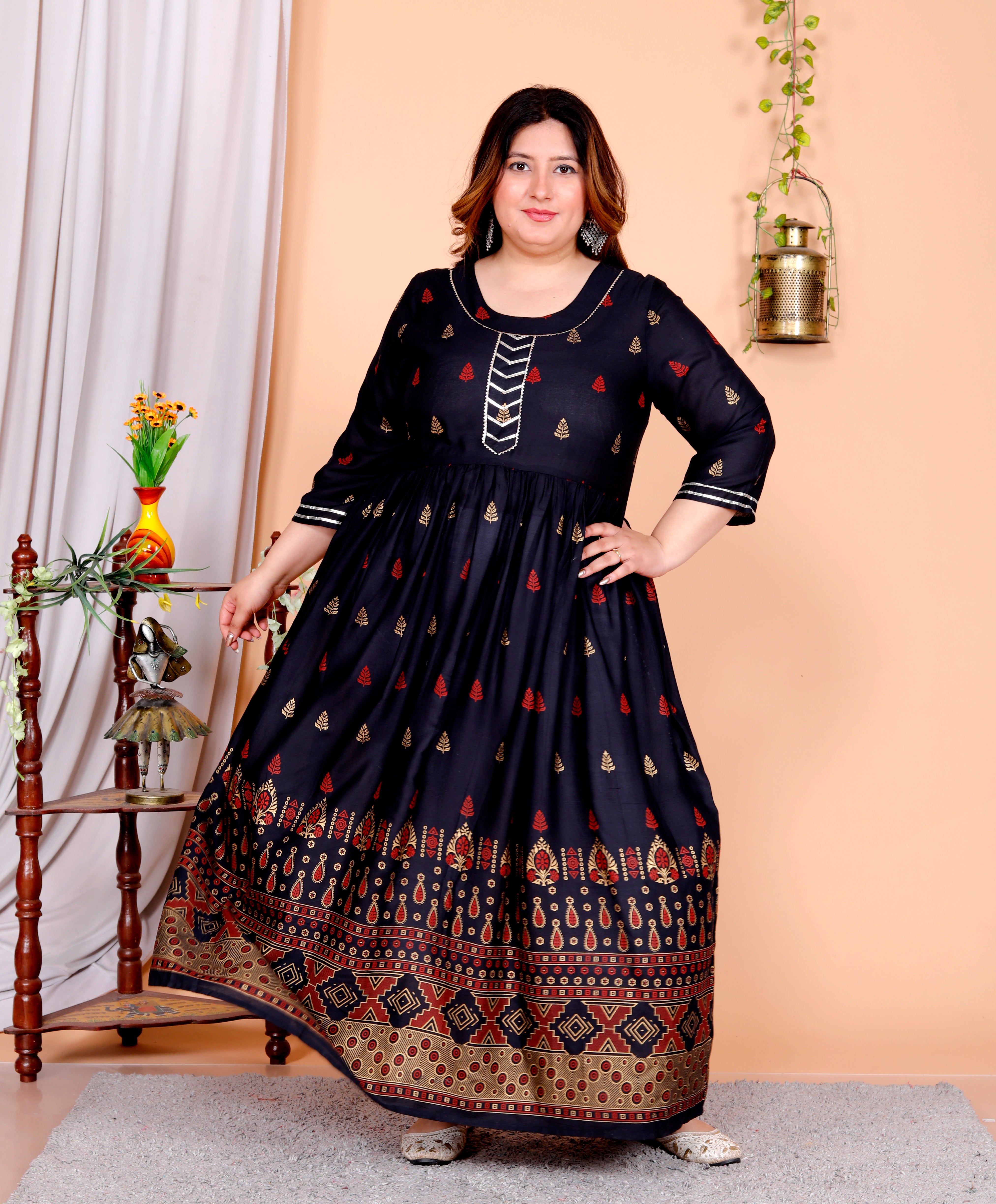 Plus Size Navy Blue Cotton Blend Printed Gown (B33-Navy Blue)