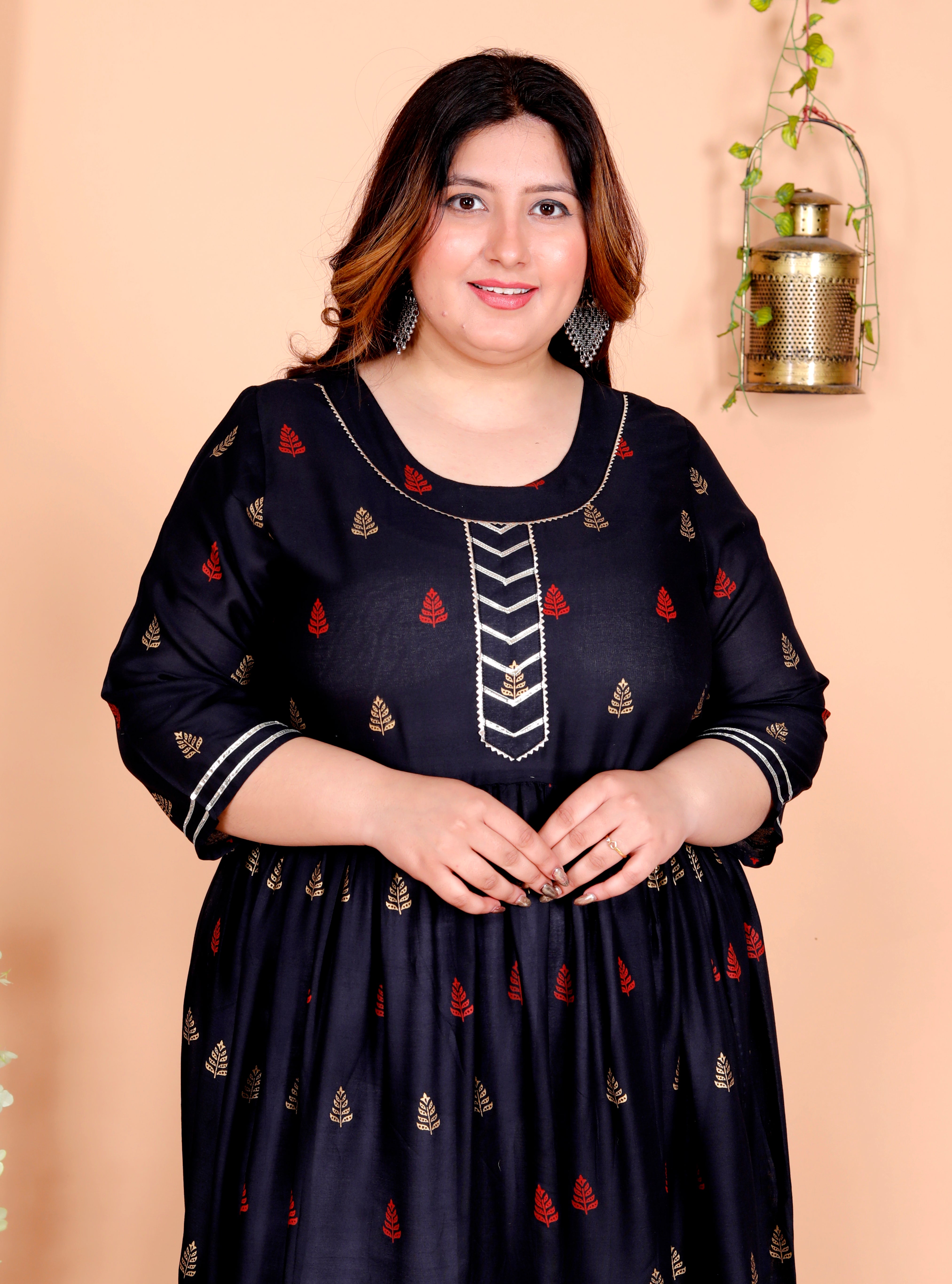 Plus Size Navy Blue Cotton Blend Printed Gown (B33-Navy Blue)