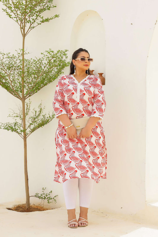 Plus Size Red Abstract Printed Kurti – Effortless Everyday Cotton Elegance