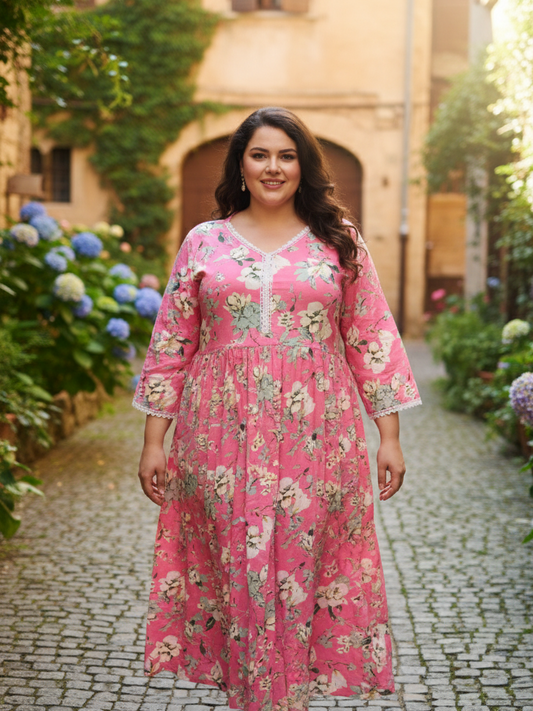 Pink Contemporary Floral Print Anarkali Style Dress