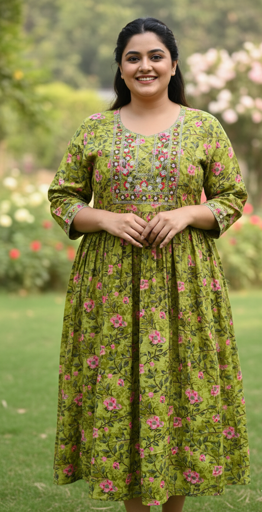 Green Cotton Comfort Plus-Size Gathered Ethnic Dress